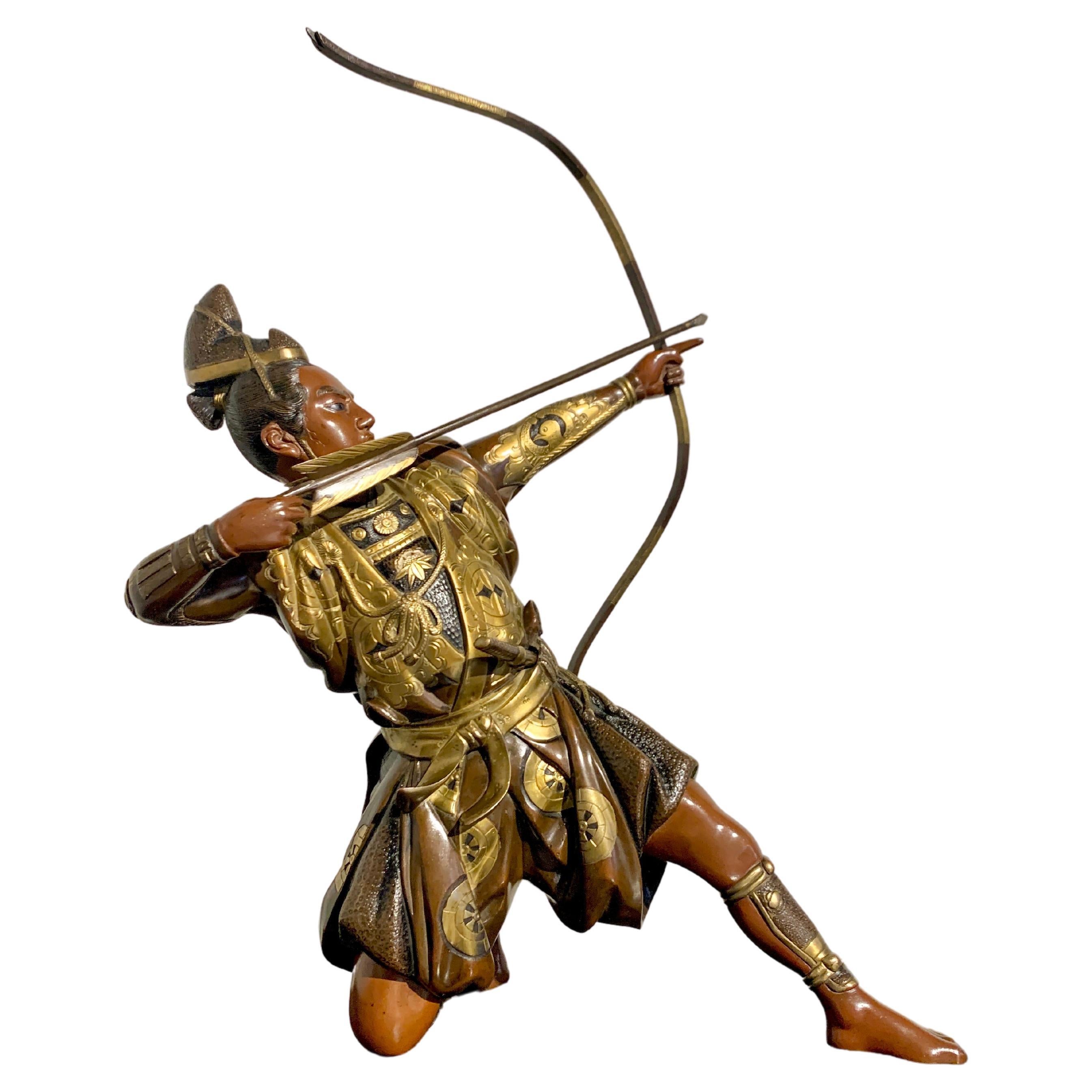 Japanese Miyao Style Gilt Bronze Samurai Archer, Meiji Period, Japan For Sale