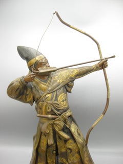Japanese Miyao Style Gilt Bronze Samurai Archer Sculpture Meiji Period Japan