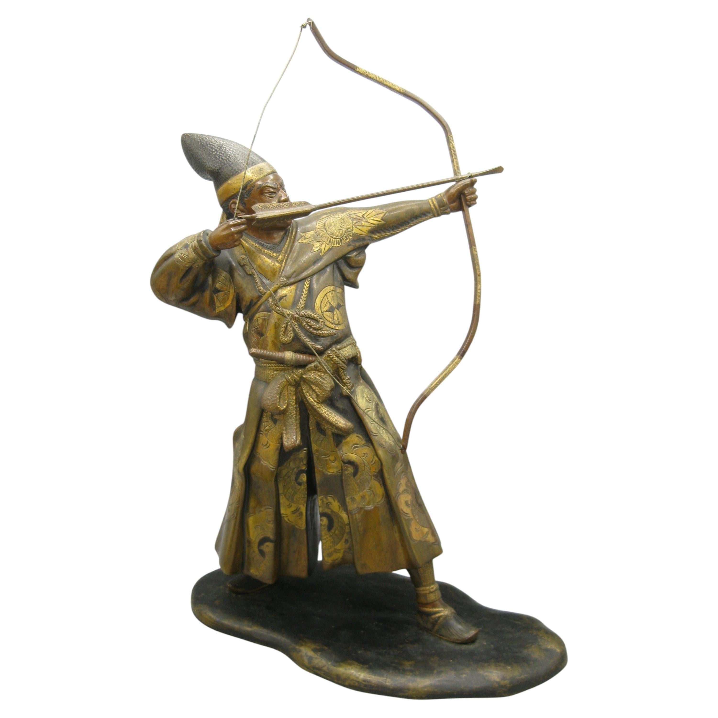 Japanese Miyao Style Gilt Bronze Samurai Archer Sculpture Meiji Period Japan