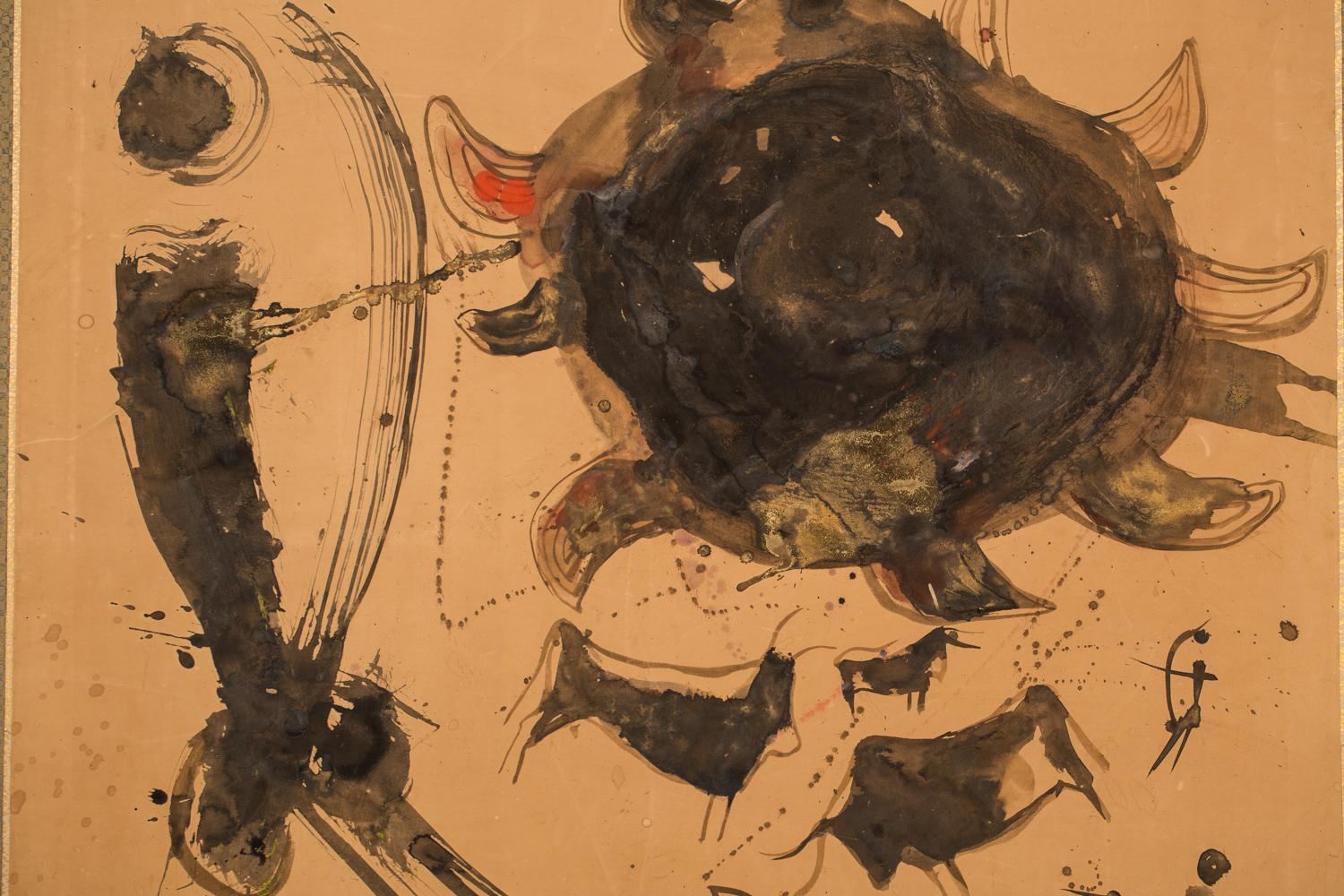 Auf Maulbeerpapier mit Seidenbrokat. Aus dem Nachlass von Andrea Bollt. Das Siegel des Künstlers lautet: Mitsushito (gestorben 1922).
