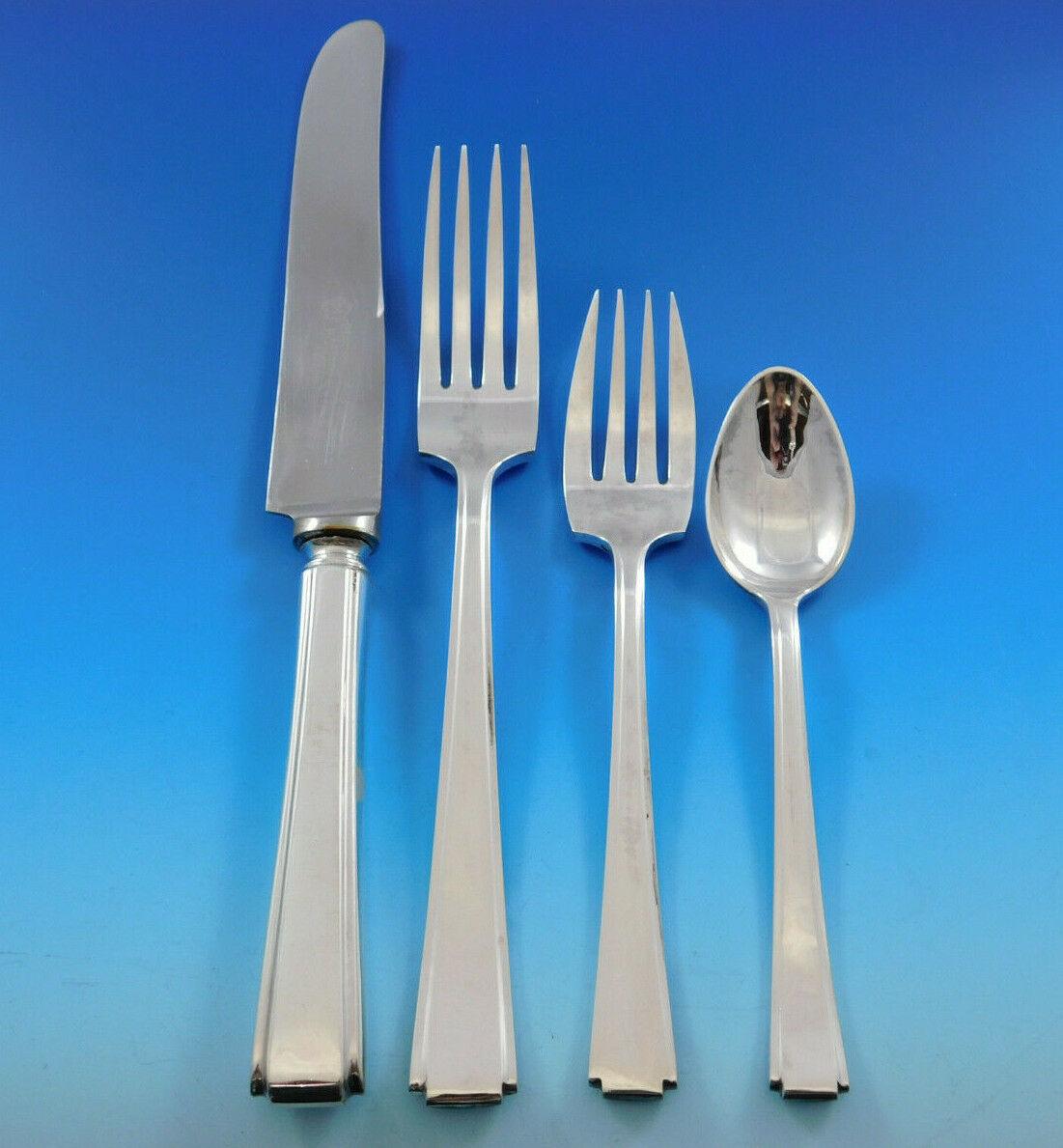 This large 118 piece Japanese silver by Hosoya Modernism style silver flatware set (reminiscent of Modern Classic by Lunt) has a higher silver content than standard American sterling flatware, 925/1000. This set is 950/1000 silver and has great
