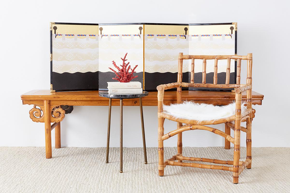 Playful Japanese four-panel Bakufu curtain screen made in a modern style. Miniature 23 inch high size table screen depicting textured curtains hanging off a colorful rod. Ink, color, and gold on paper made in the Nihonga school style. Label on verso