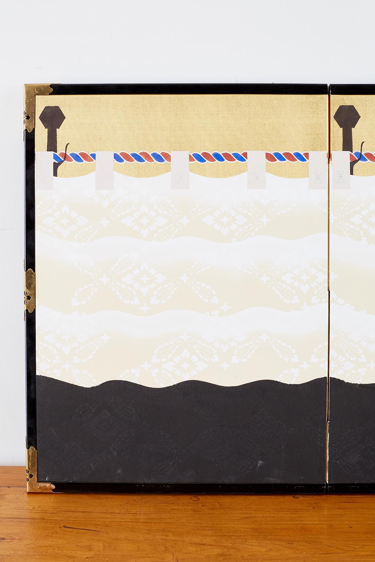 Hand-Crafted Japanese Modern Four-Panel Bakufu Curtain Screen