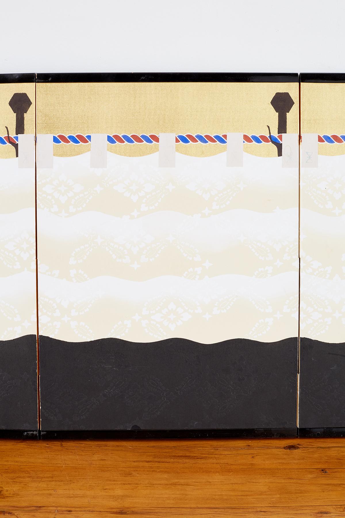 20th Century Japanese Modern Four-Panel Bakufu Curtain Screen
