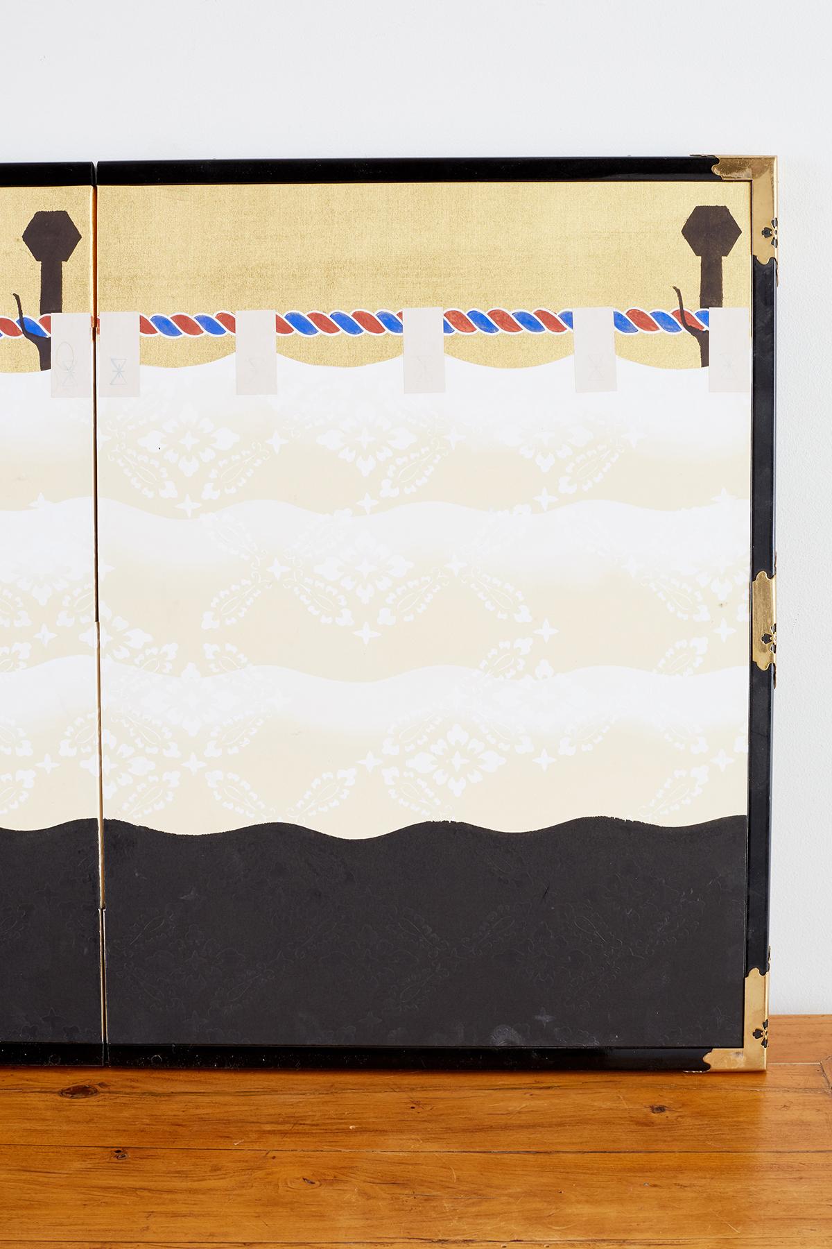 Brass Japanese Modern Four-Panel Bakufu Curtain Screen