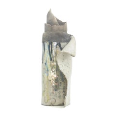 Japanese Modern LAAB Civilta' Sculpture Raku Ceramic White Crakle Metal Kanji