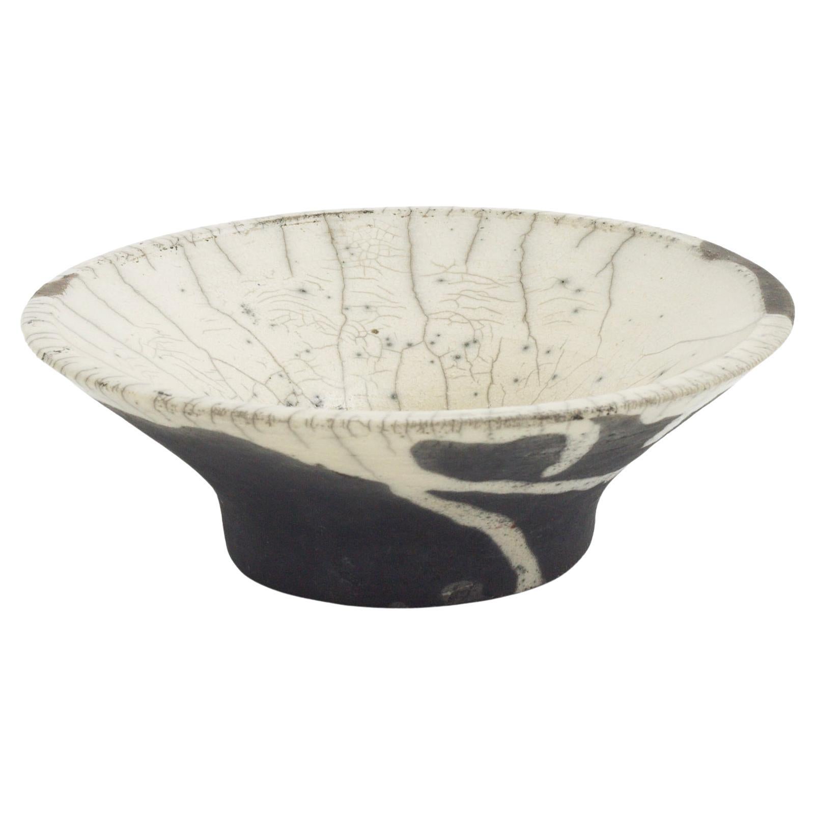 Japanese Modern LAAB Cratere Vase Raku Ceramic Black White Crakle Spiral