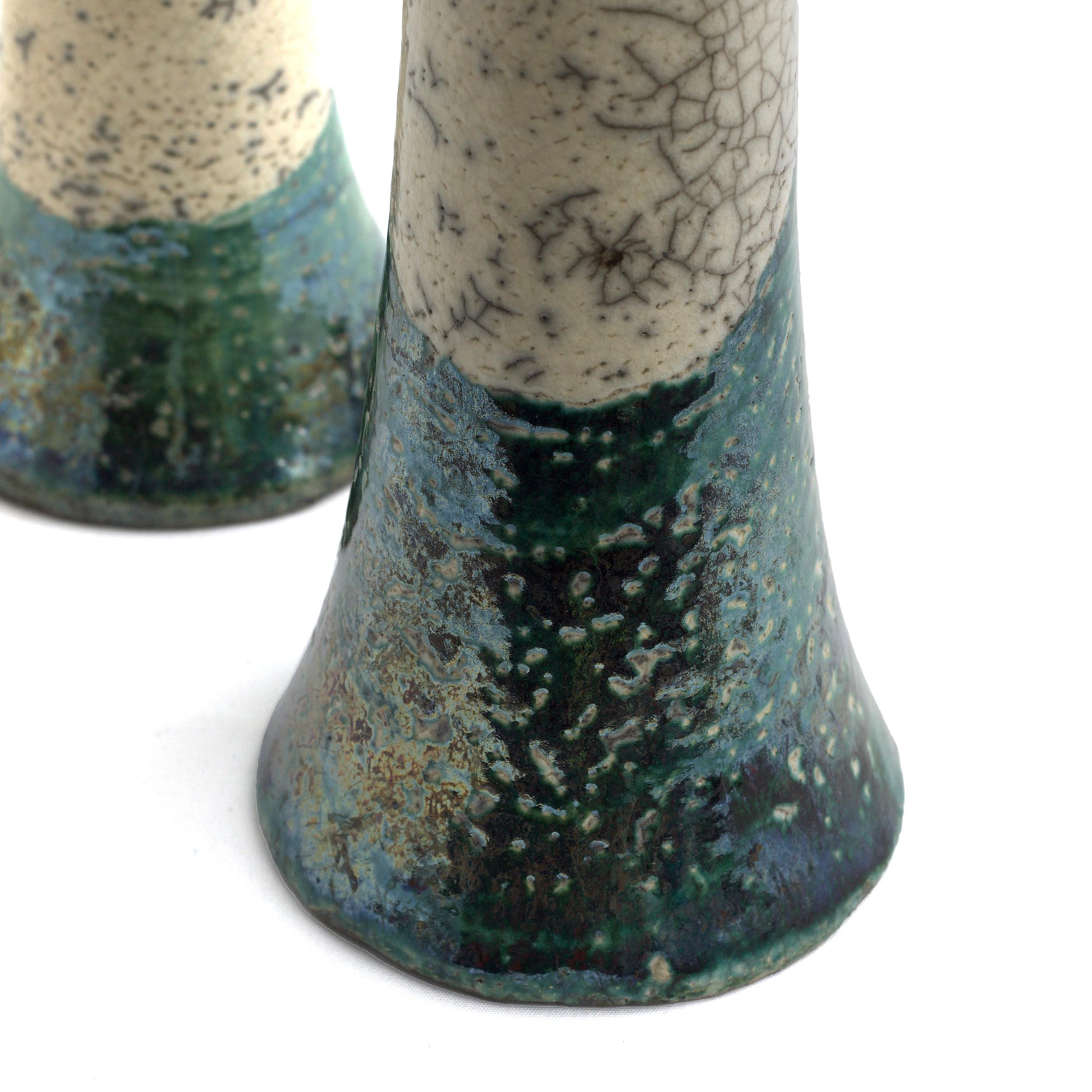 Japanese Modern LAAB Stelo Flow Set of 2 Candle Holders Raku Ceramic White Green For Sale 4