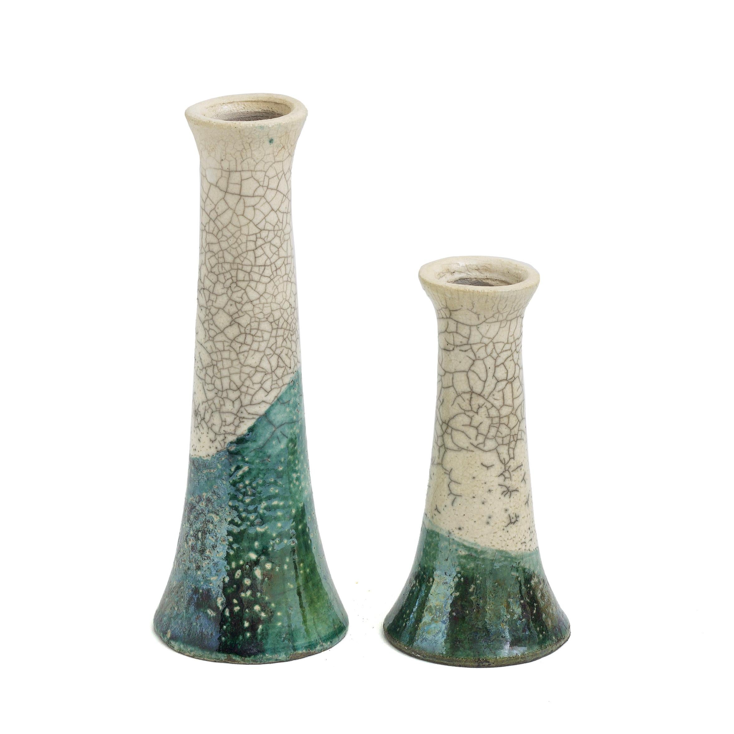 Italian Japanese Modern LAAB Stelo Flow Set of 2 Candle Holders Raku Ceramic White Green For Sale