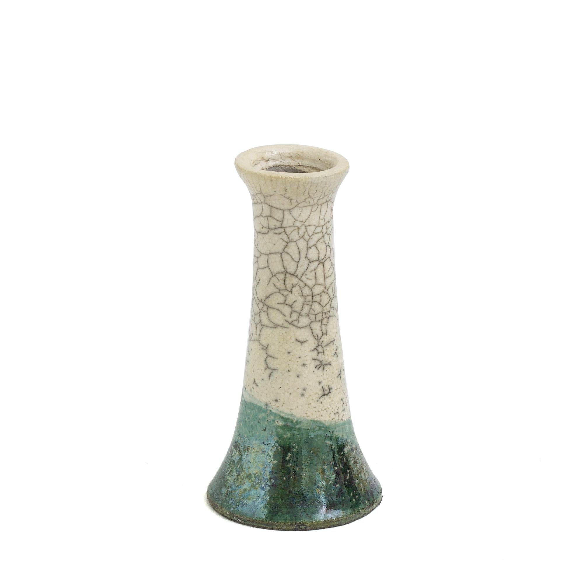 Hand-Crafted Japanese Modern LAAB Stelo Flow Set of 2 Candle Holders Raku Ceramic White Green For Sale