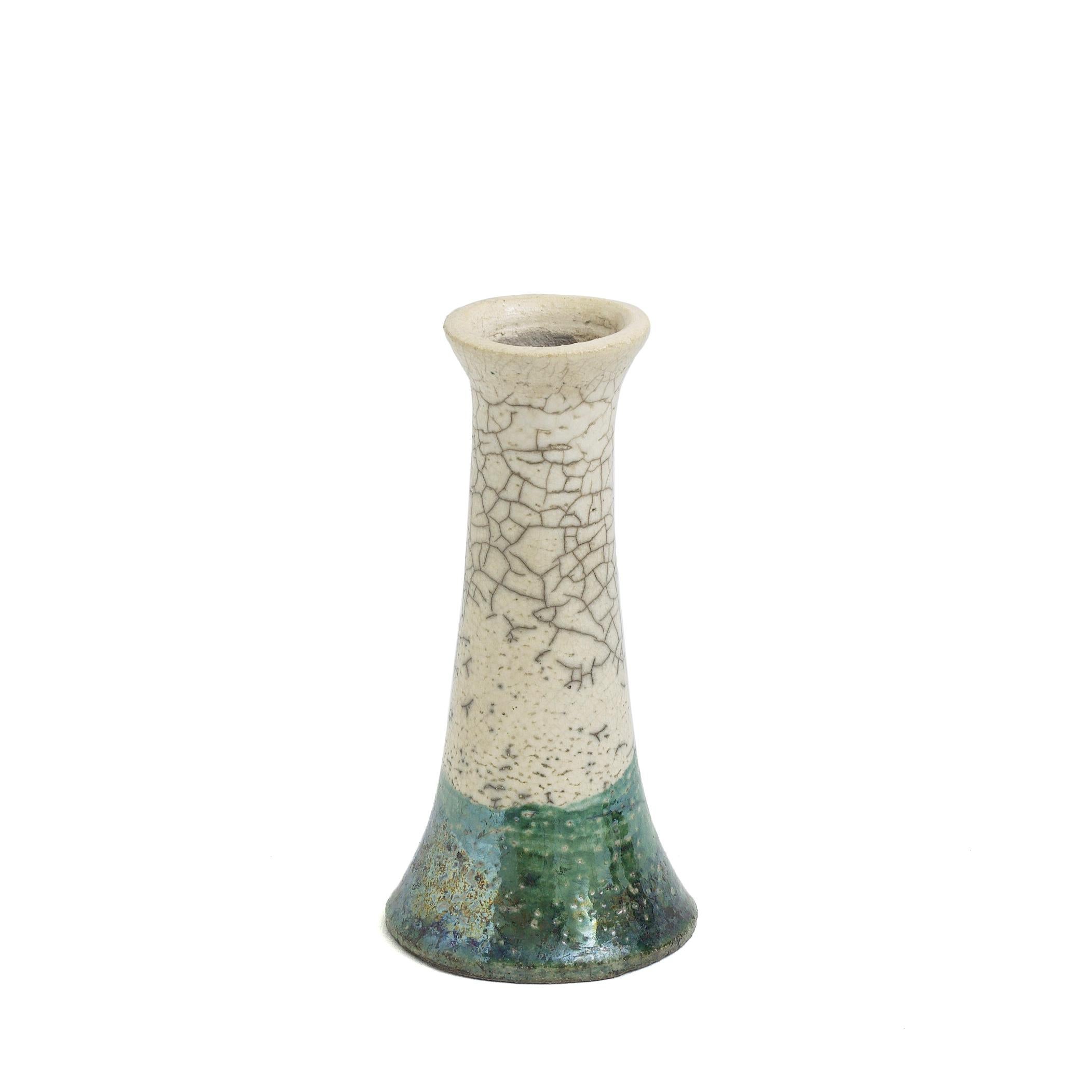 Hand-Crafted Japanese Modern LAAB Stelo Flow Set of 2 Candle Holders Raku Ceramic White Green For Sale