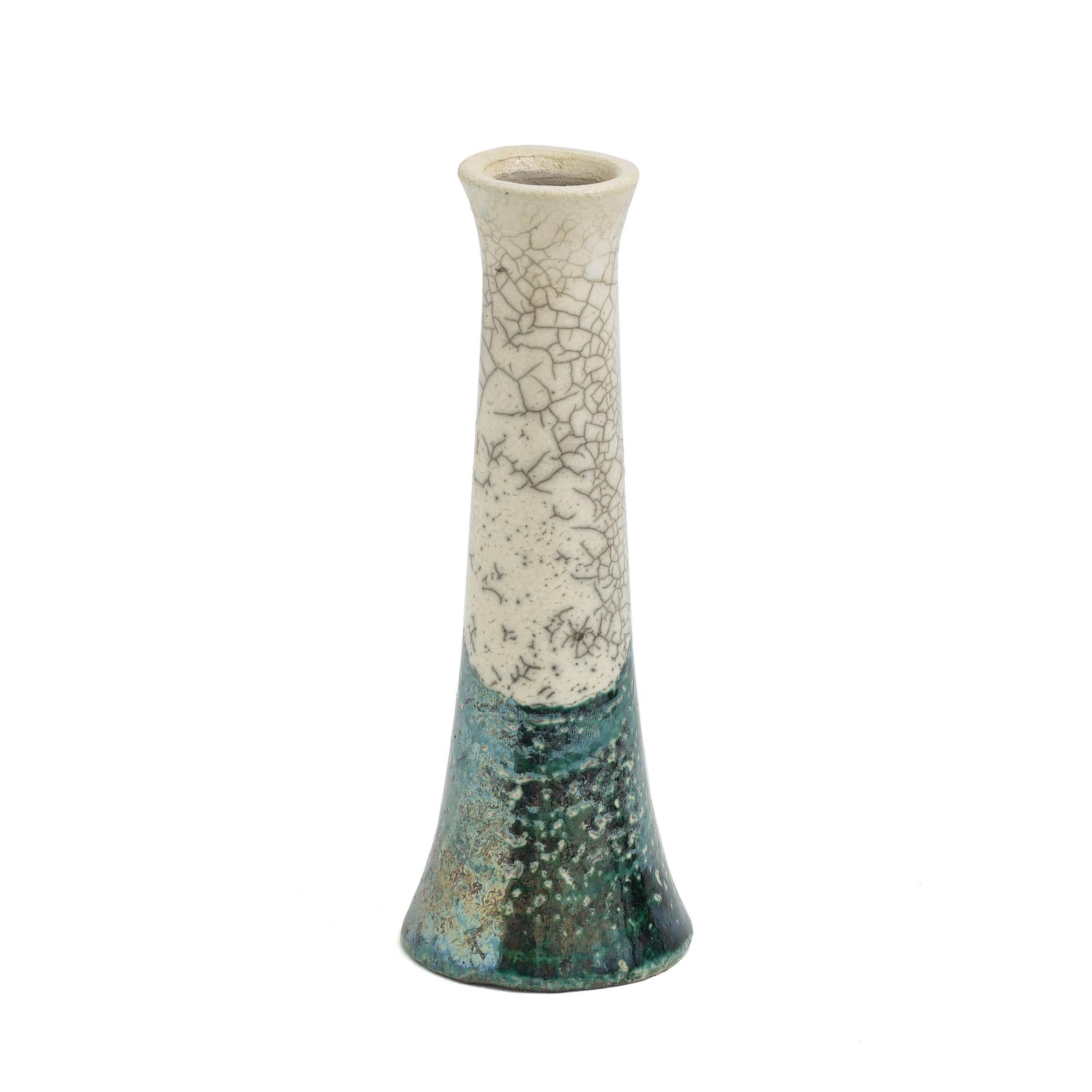 Japanese Modern LAAB Stelo Flow Set of 2 Candle Holders Raku Ceramic White Green For Sale 2