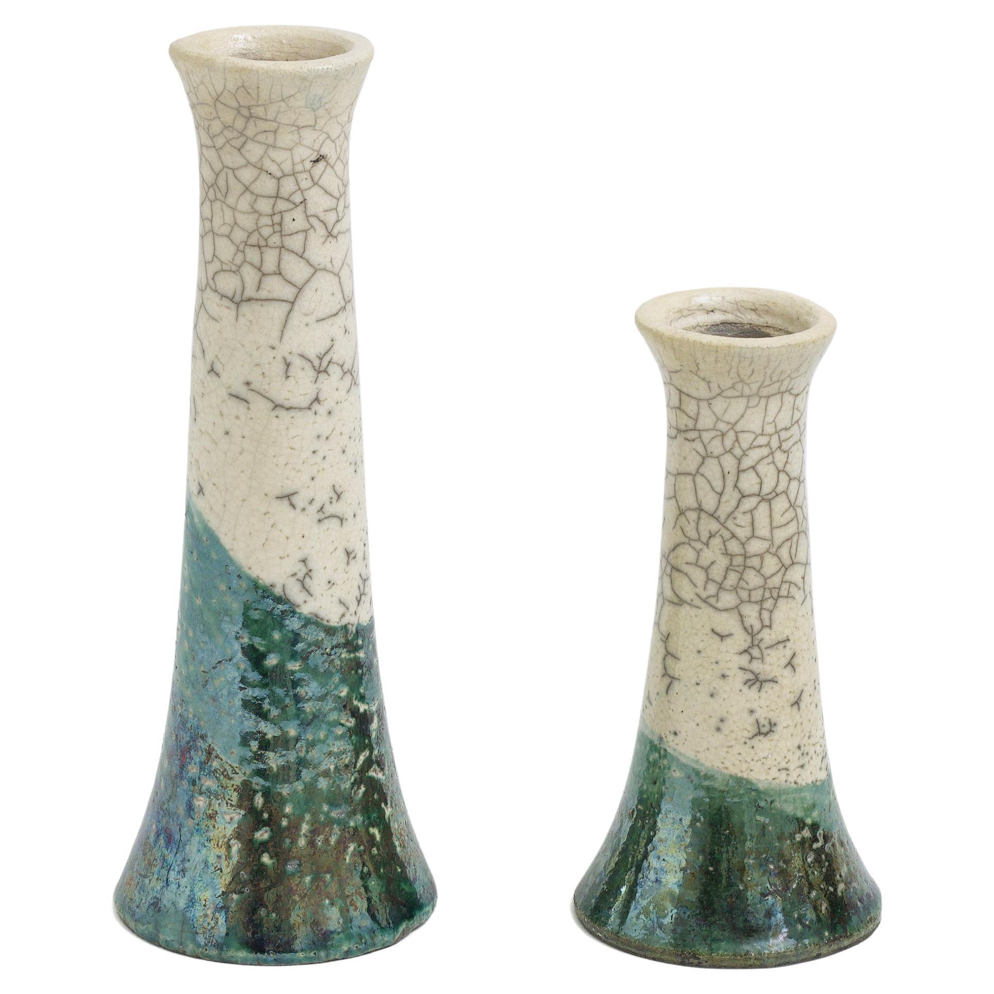 Japanese Modern LAAB Stelo Flow Set of 2 Candle Holders Raku Ceramic White Green For Sale