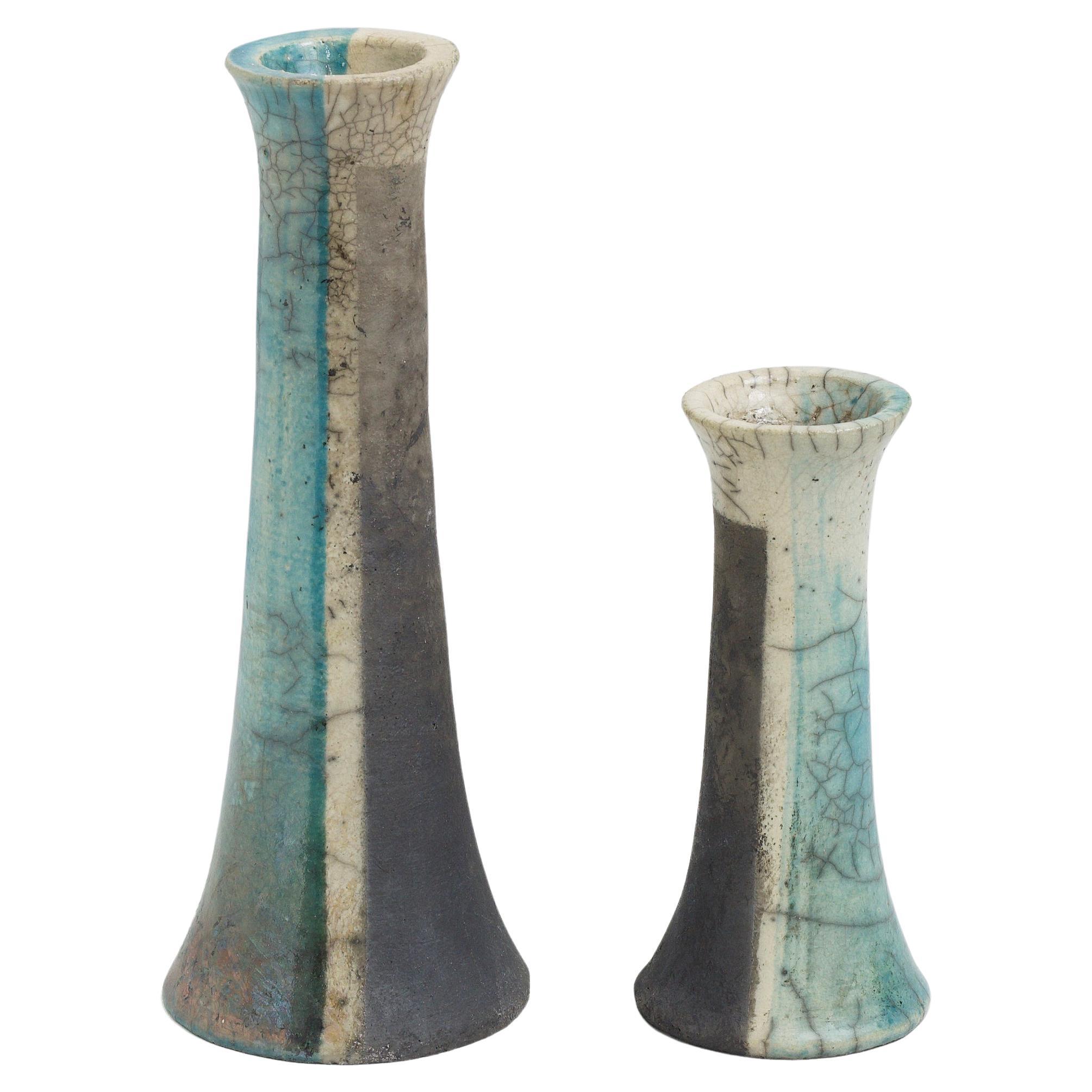 Japonés Moderno LAAB Stelo Wake Set de 2 Portavelas Cerámica Raku Blanco Verde