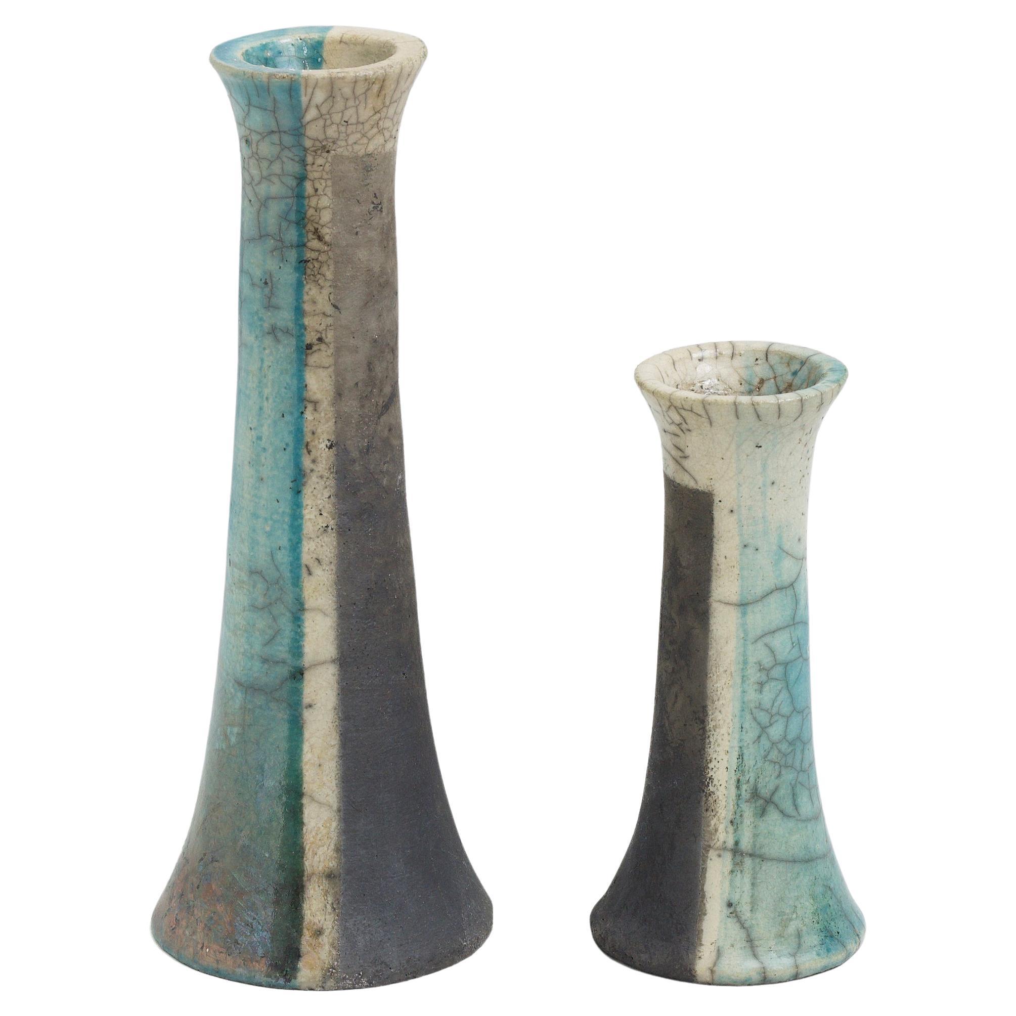 Japanese Modern LAAB Stelo Wake Set of 2 Candle Holders Raku Ceramic White Green