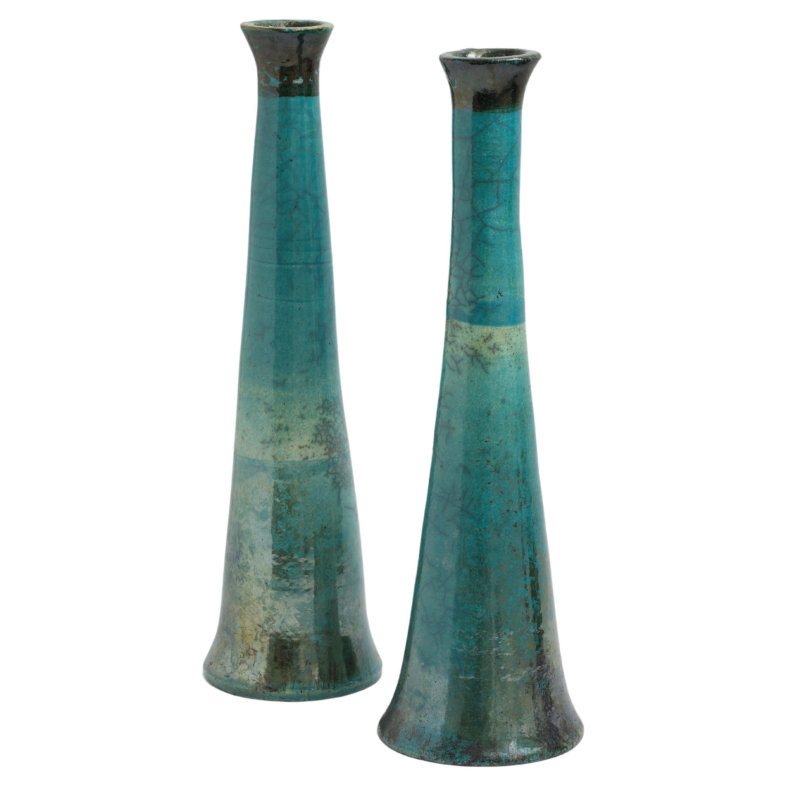 Japanese Modern LAAB Tamu Set of 2 Candle Holders Raku Ceramic Black Green For Sale