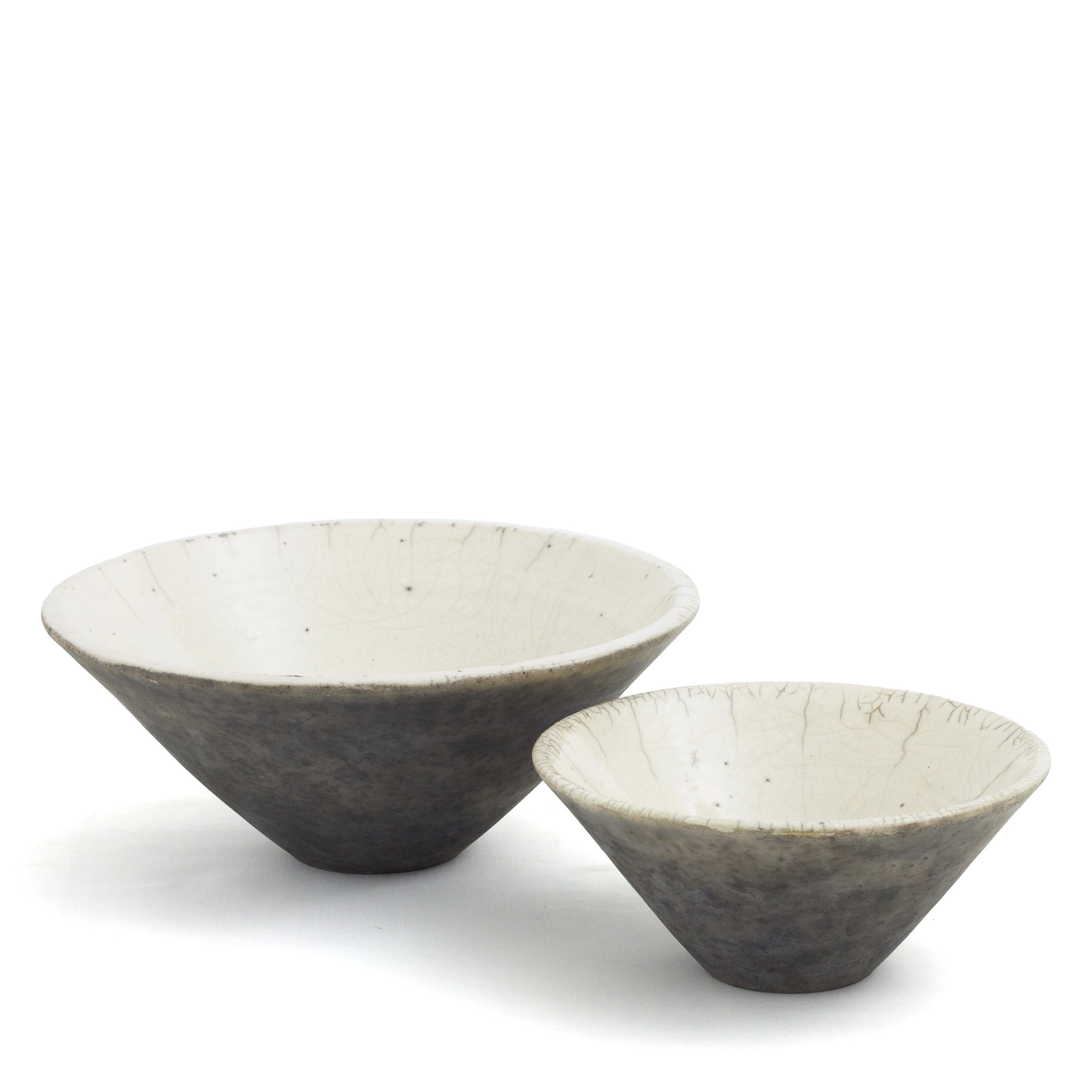 Italian Japanese Modern LAAB Wu Set of 2 Bowls Raku Ceramics Crackle Black White For Sale