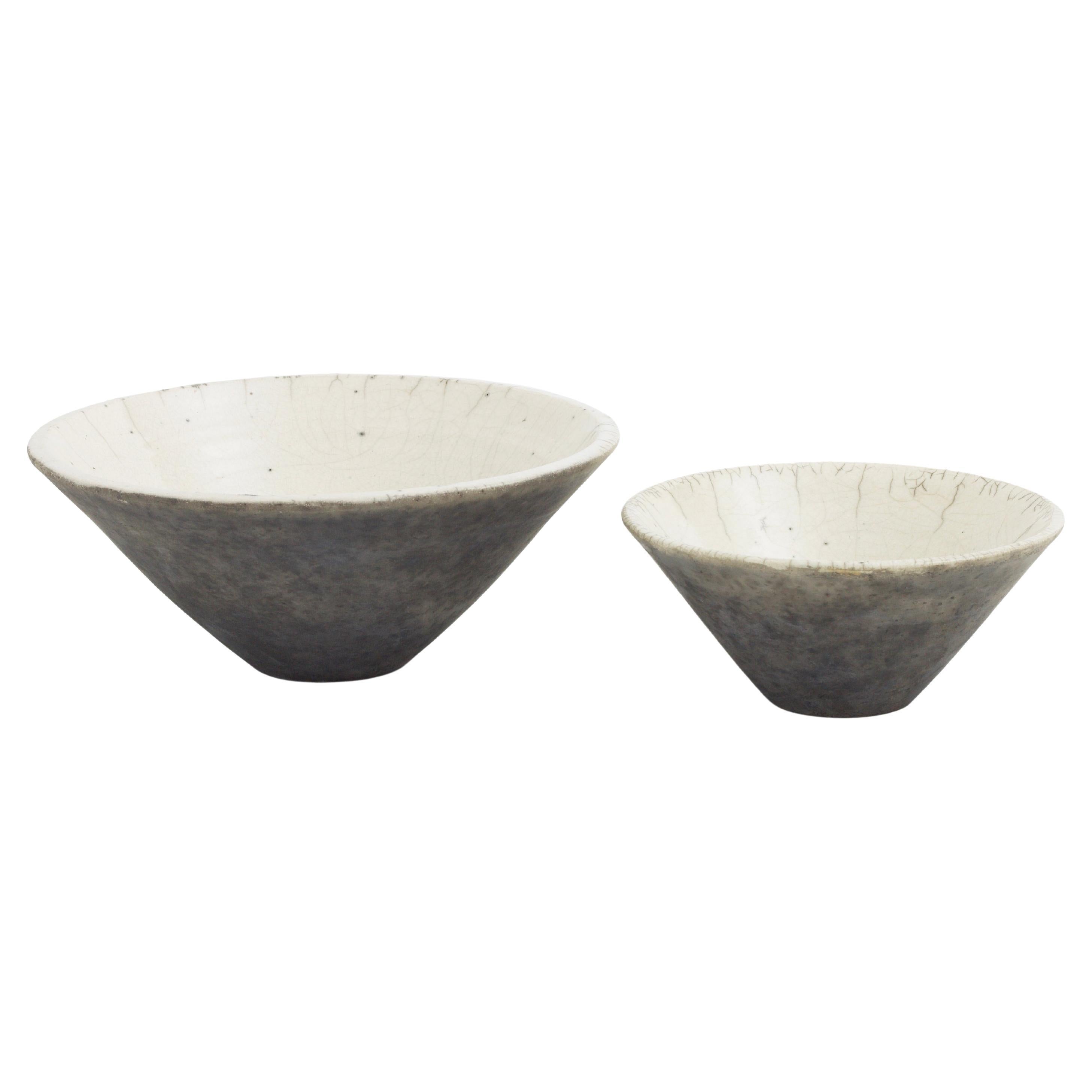 Japanese Modern LAAB Wu Set of 2 Bowls Raku Ceramics Crackle Black White For Sale