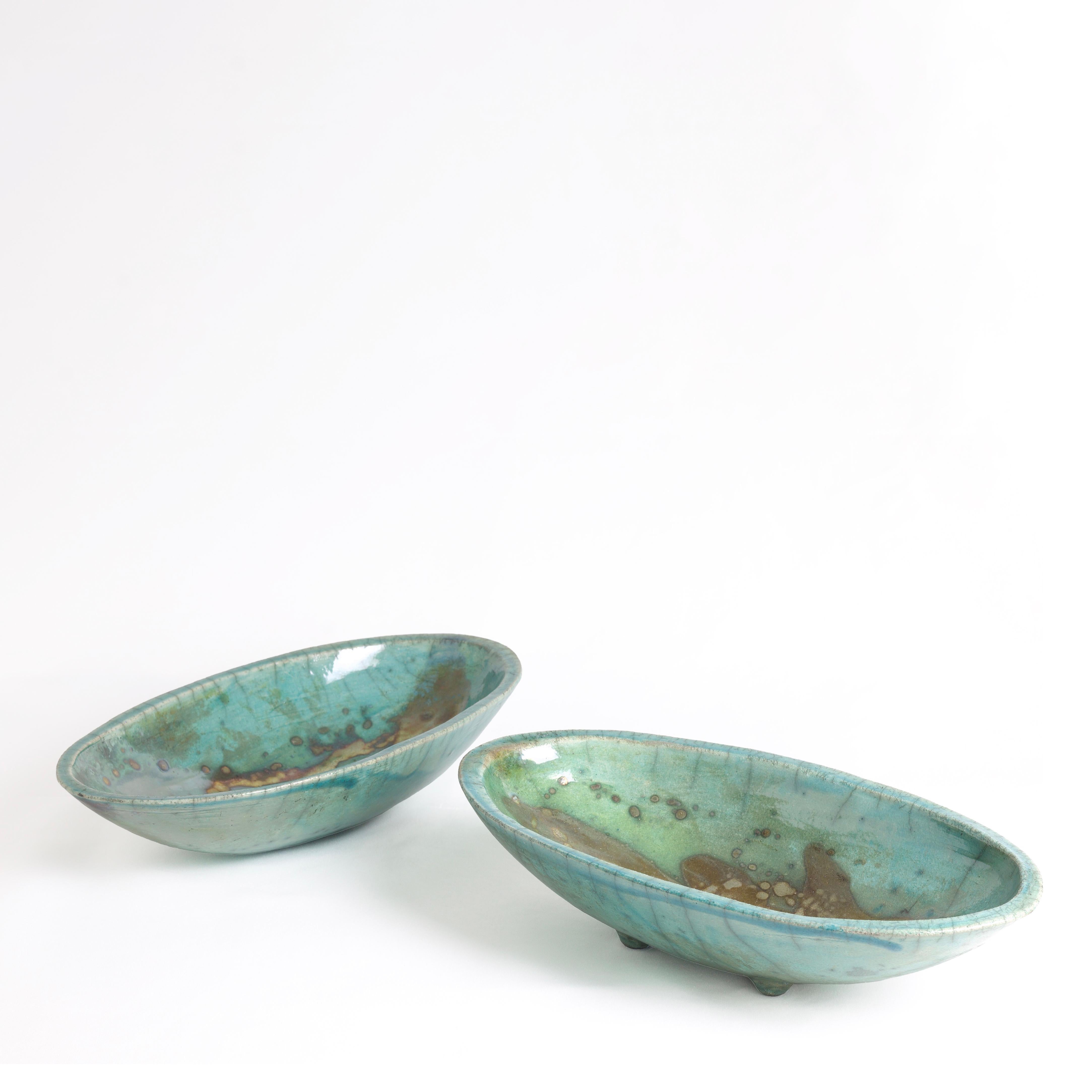 Japanese Modern Long Bowl Legged Raku Ceramic Green Copper For Sale 4