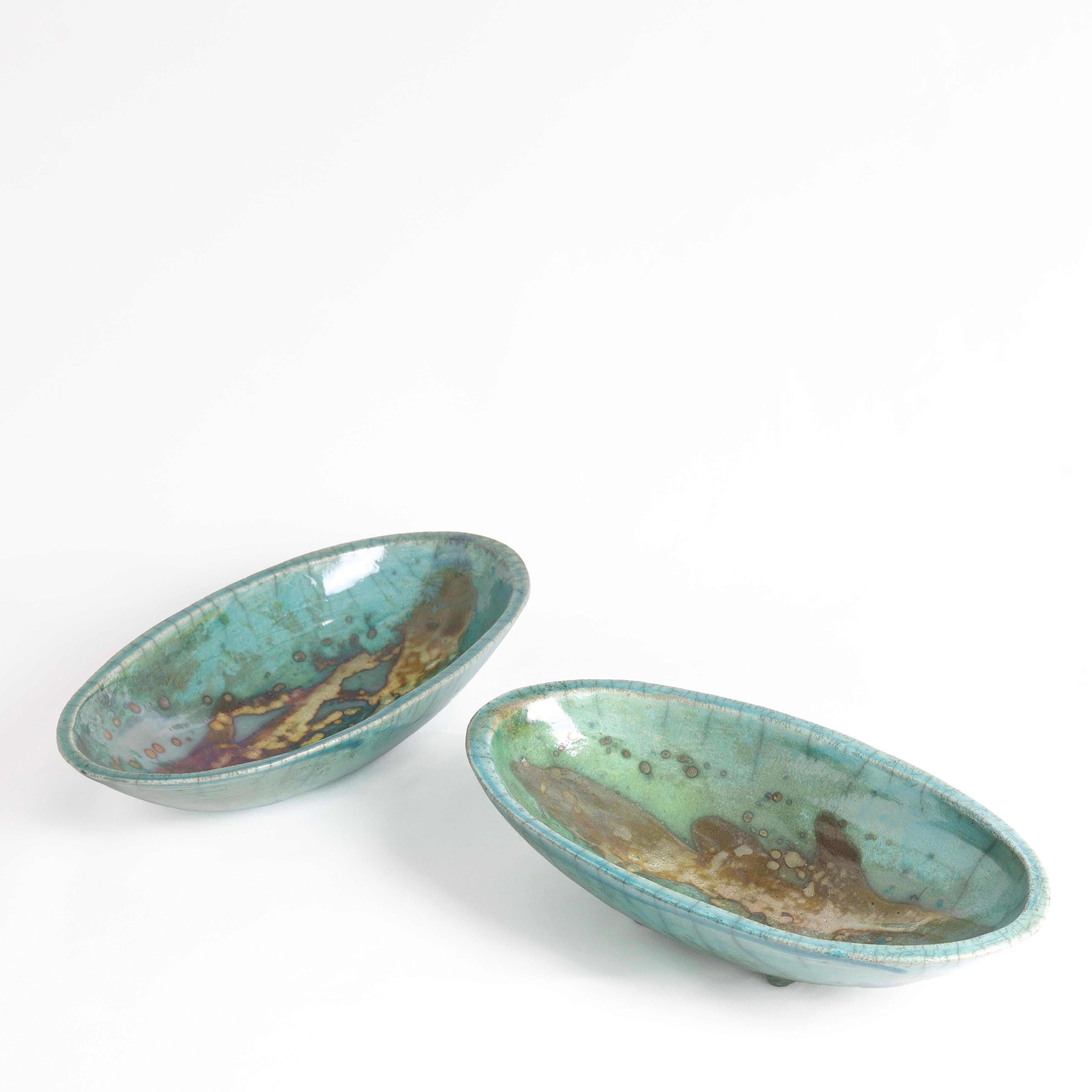 Japanese Modern Long Bowl Legged Raku Ceramic Green Copper For Sale 5
