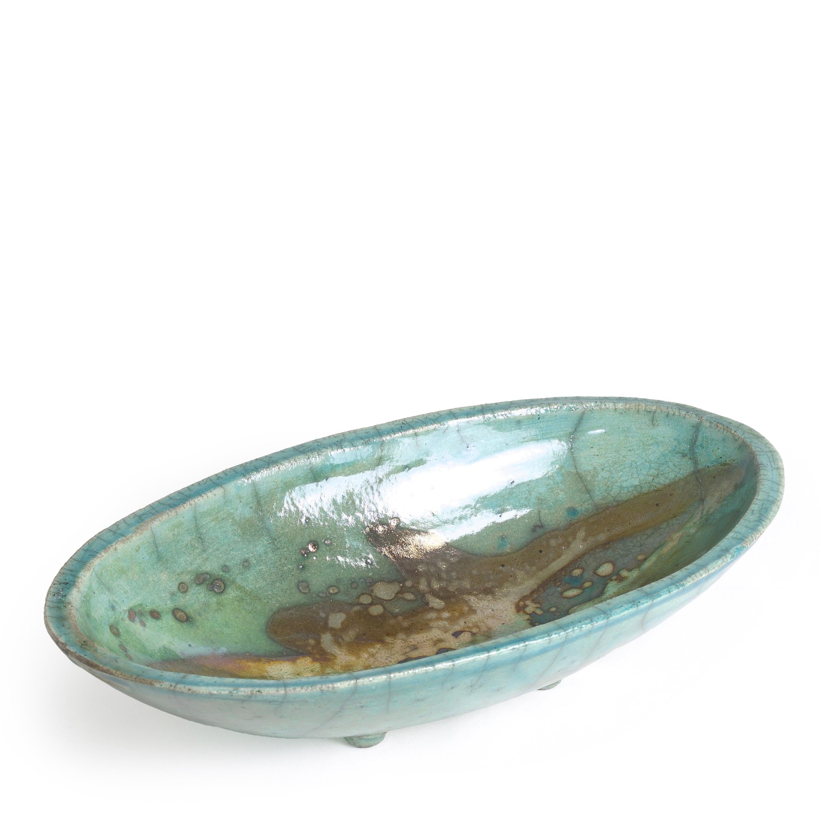 Italian Japanese Modern Long Bowl Legged Raku Ceramic Green Copper For Sale