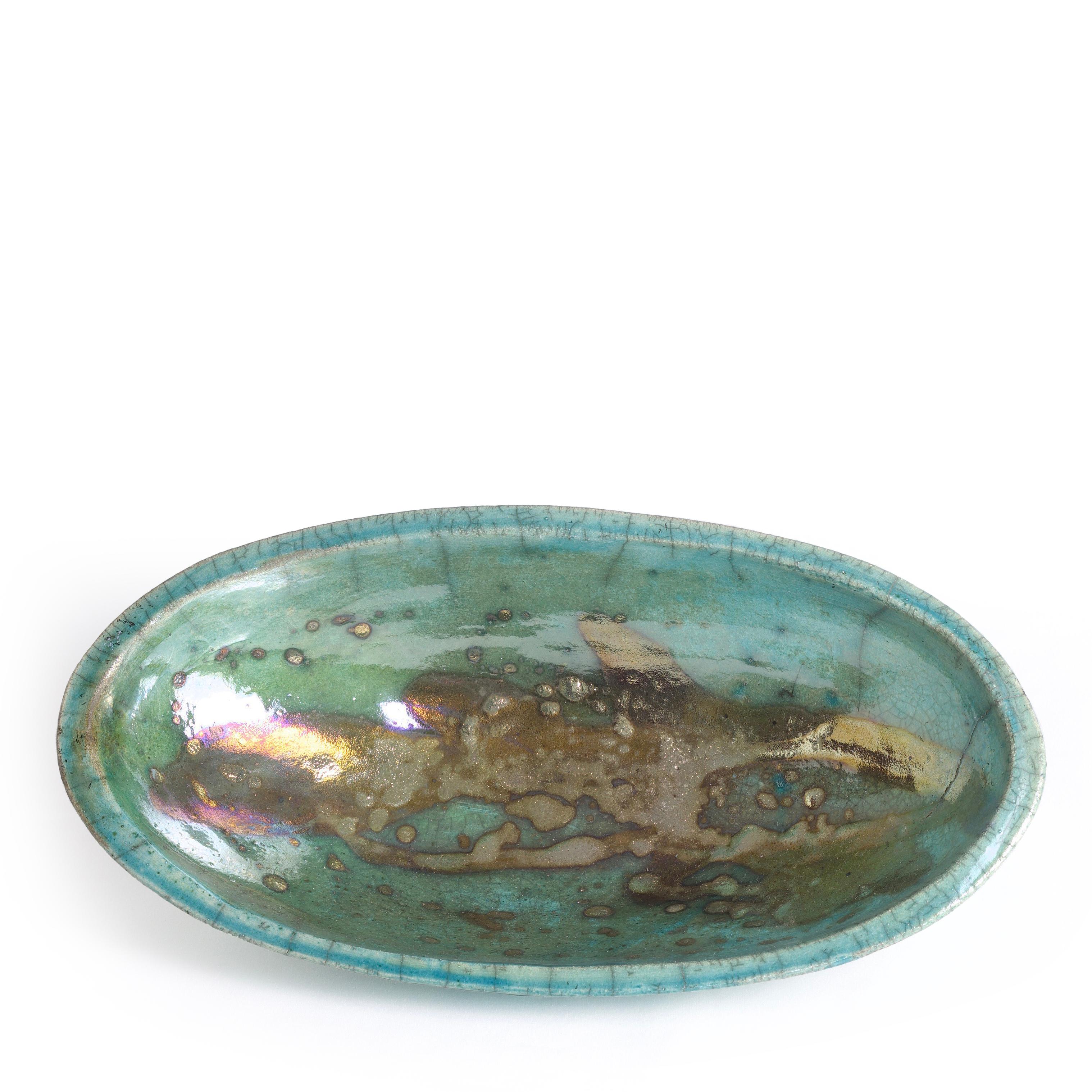 Hand-Crafted Japanese Modern Long Bowl Legged Raku Ceramic Green Copper For Sale