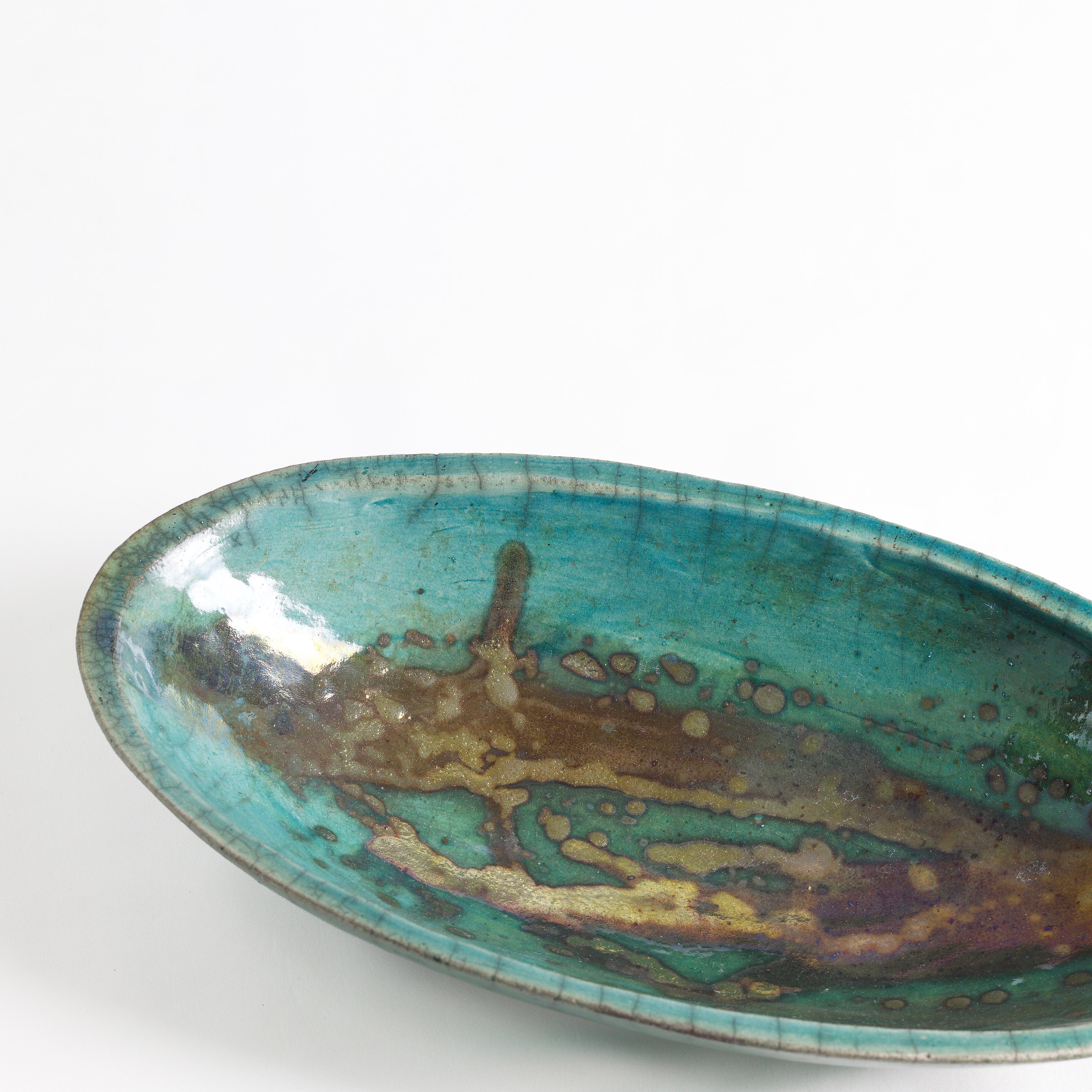 Contemporary Japanese Modern Long Bowl Legged Raku Ceramic Green Copper For Sale
