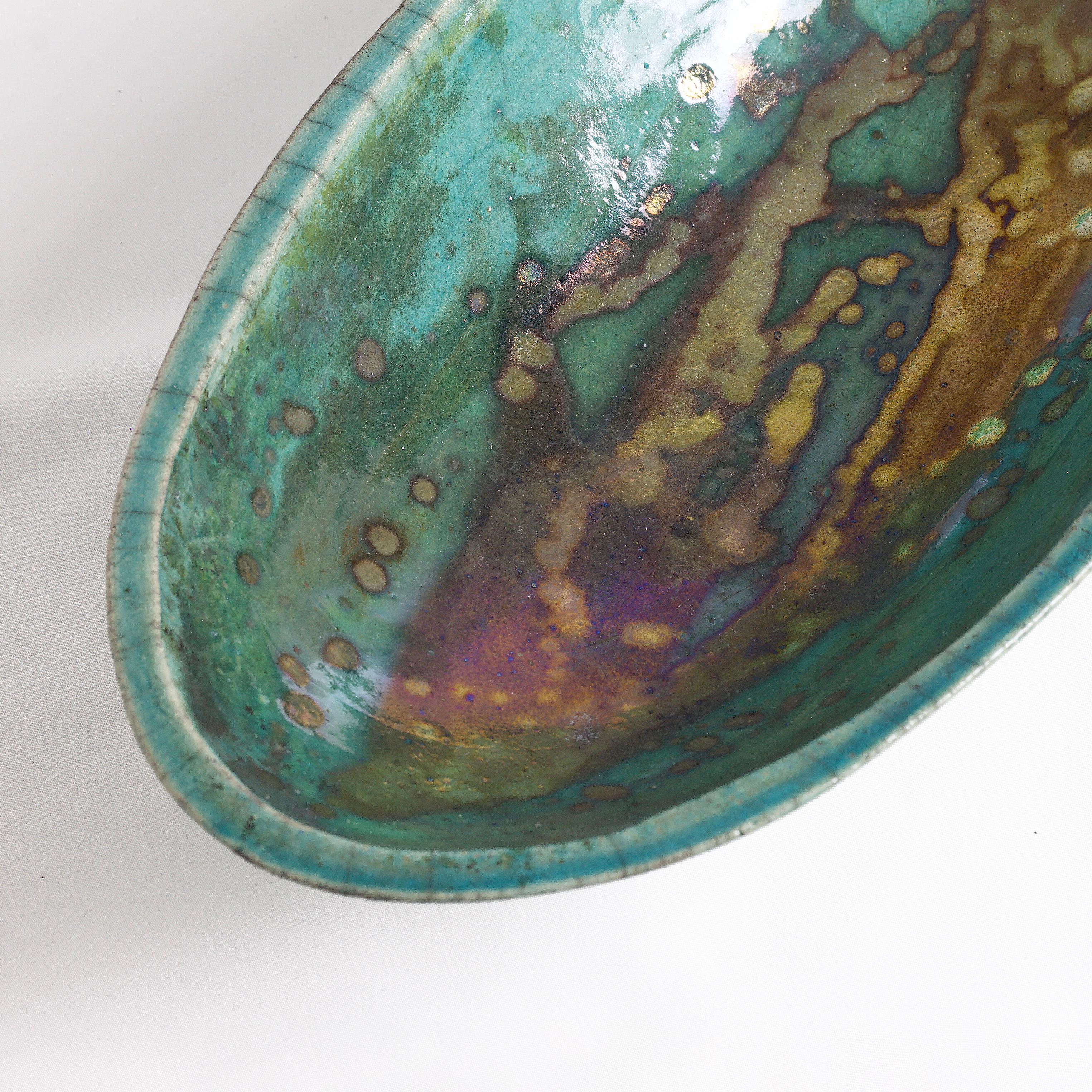 Japanese Modern Long Bowl Legged Raku Ceramic Green Copper For Sale 1