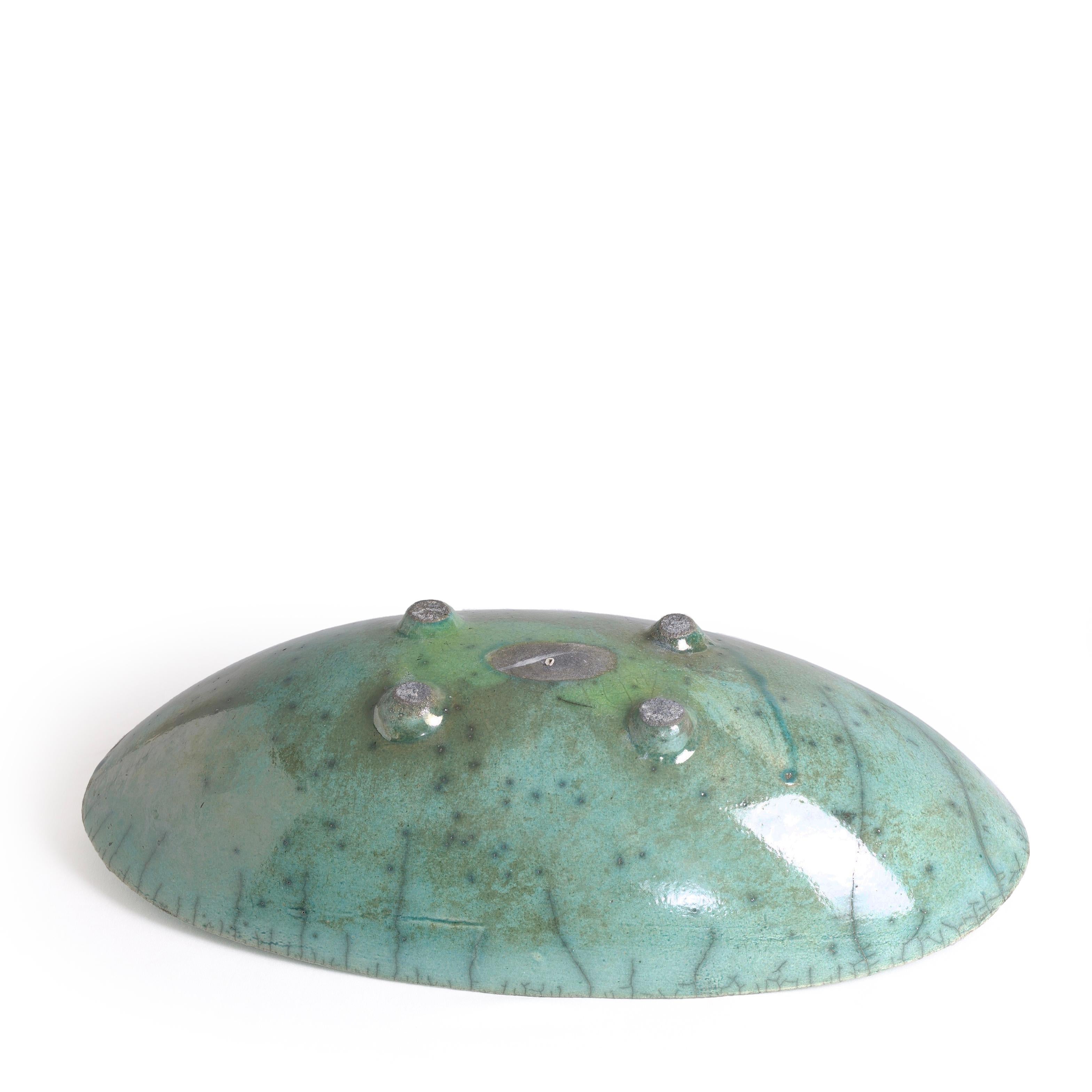 Japanese Modern Long Bowl Legged Raku Ceramic Green Copper For Sale 2