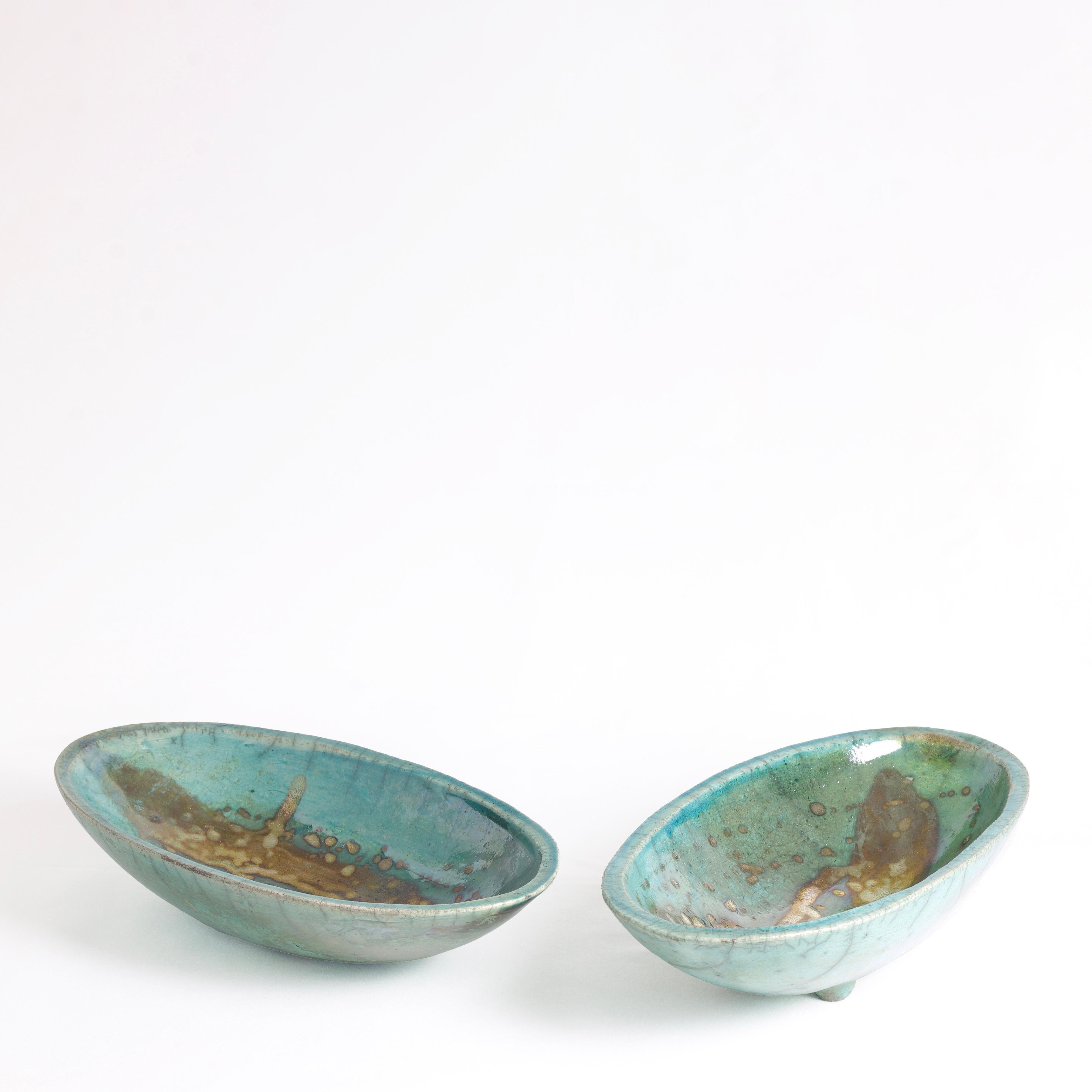 Japanese Modern Long Bowl Legged Raku Ceramic Green Copper For Sale 3