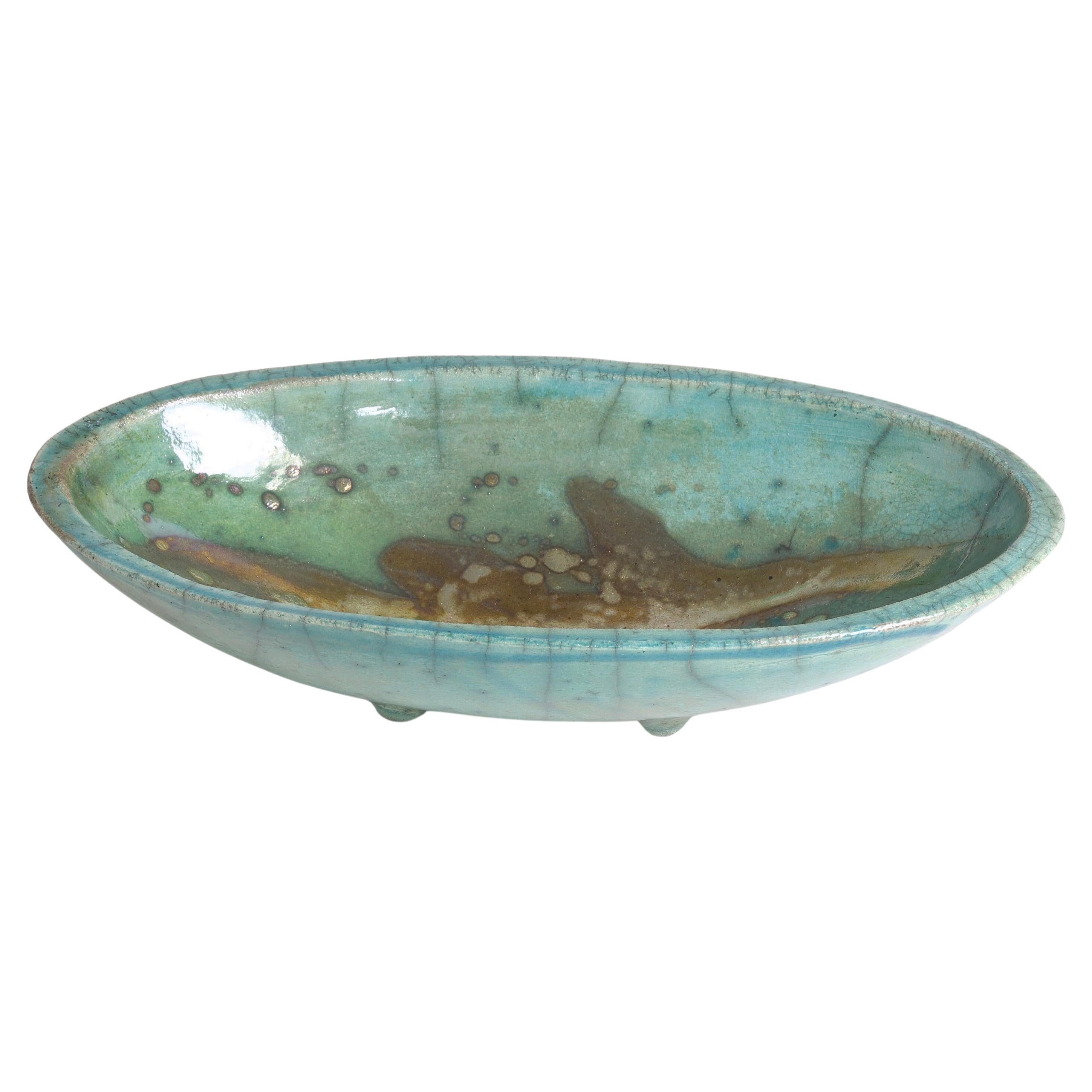 Japanese Modern Long Bowl Legged Raku Ceramic Green Copper For Sale