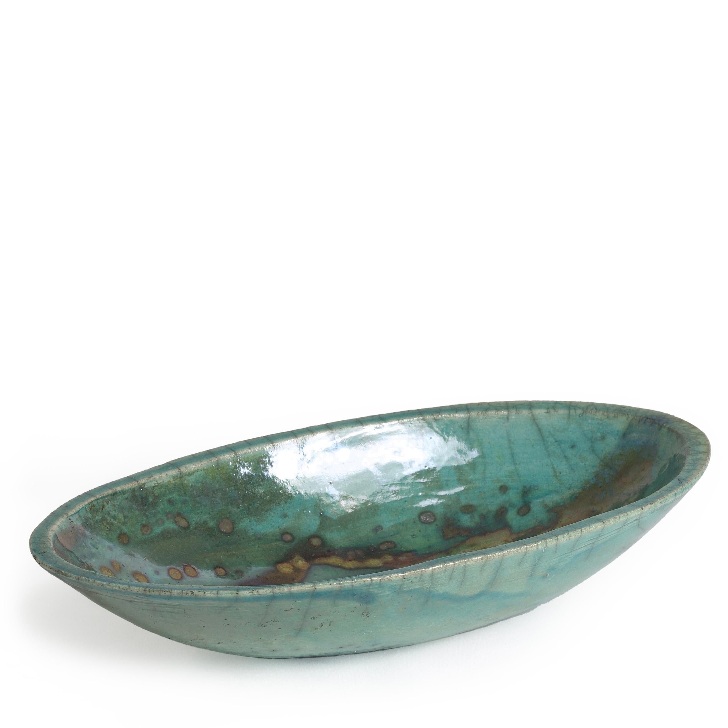 Italian Japanese Modern Long Bowl Raku Ceramic Green Copper For Sale