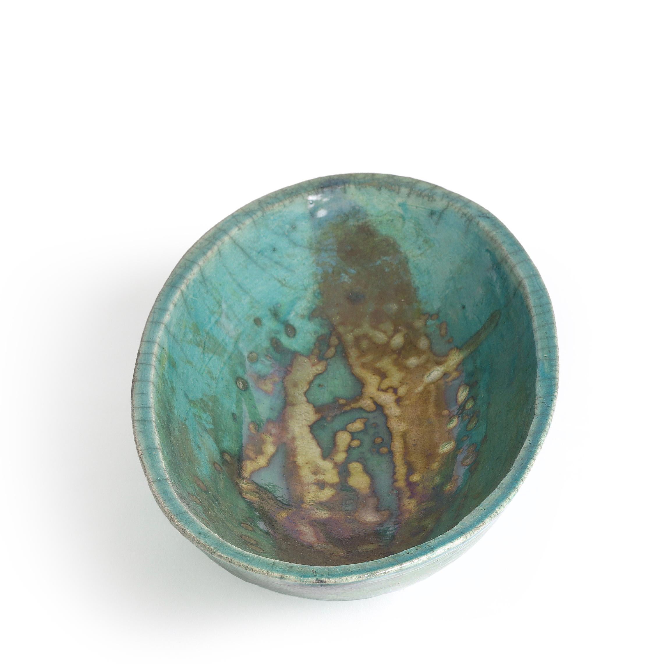 Hand-Crafted Japanese Modern Long Bowl Raku Ceramic Green Copper For Sale