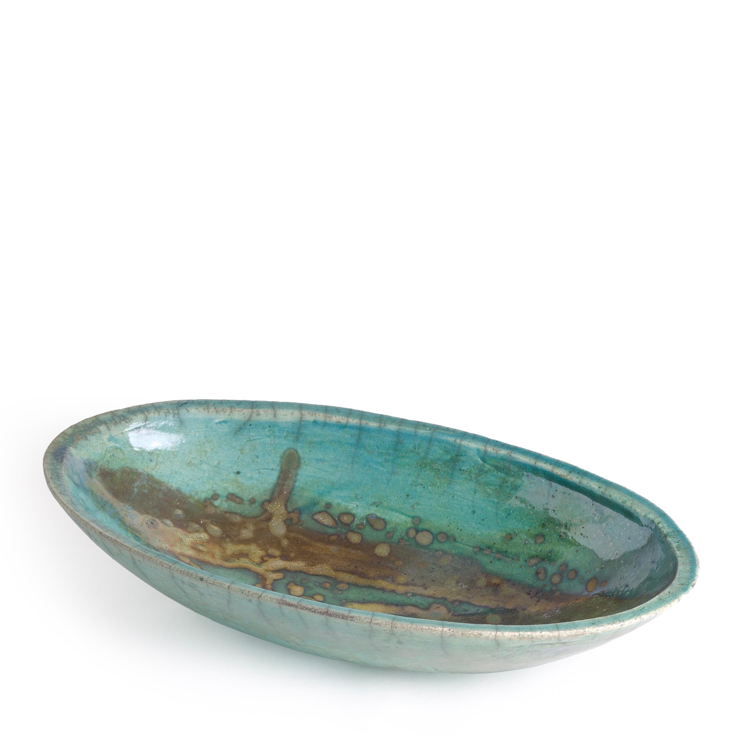 Japanese Modern Long Bowl Raku Ceramic Green Copper In New Condition For Sale In monza, Monza and Brianza