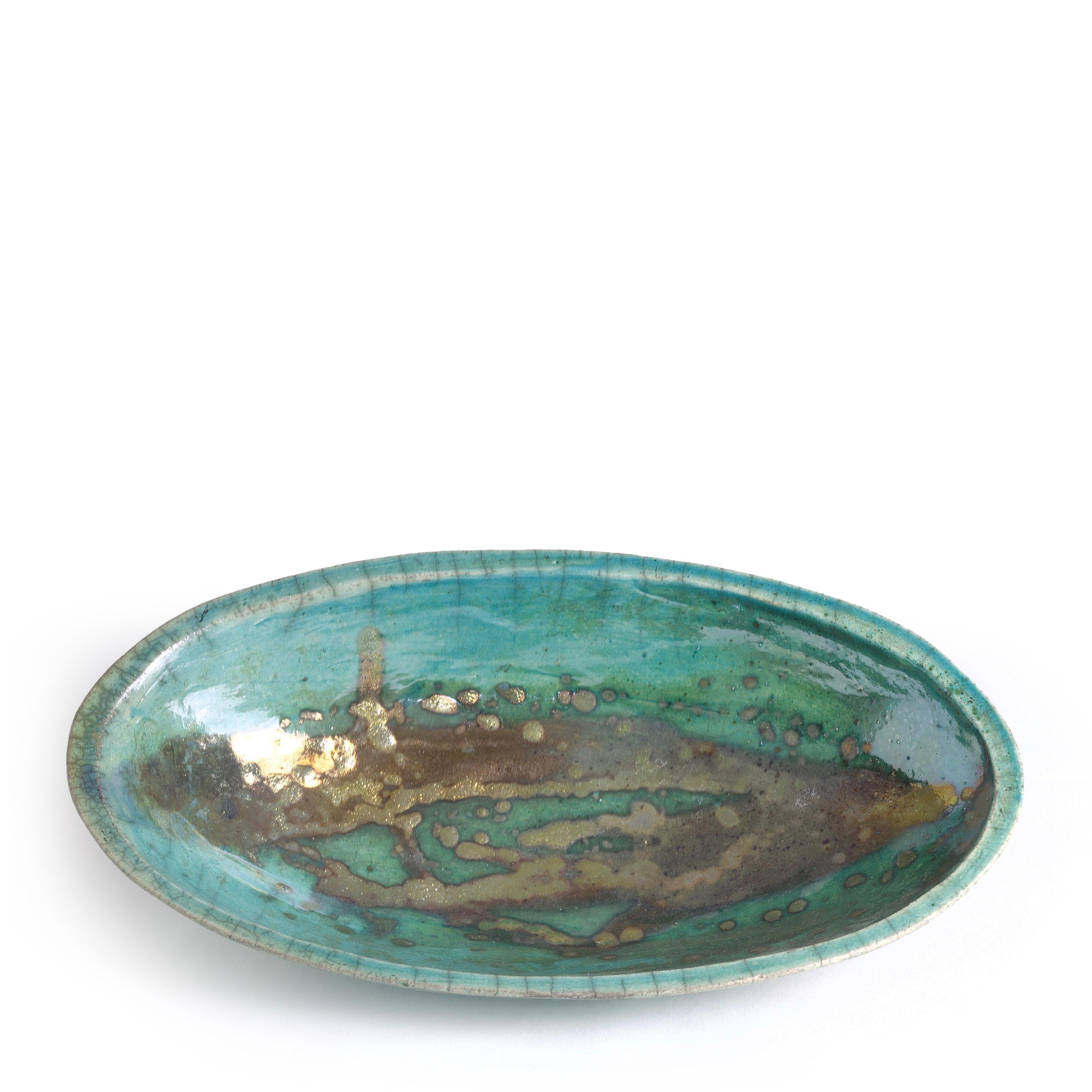 Contemporary Japanese Modern Long Bowl Raku Ceramic Green Copper For Sale