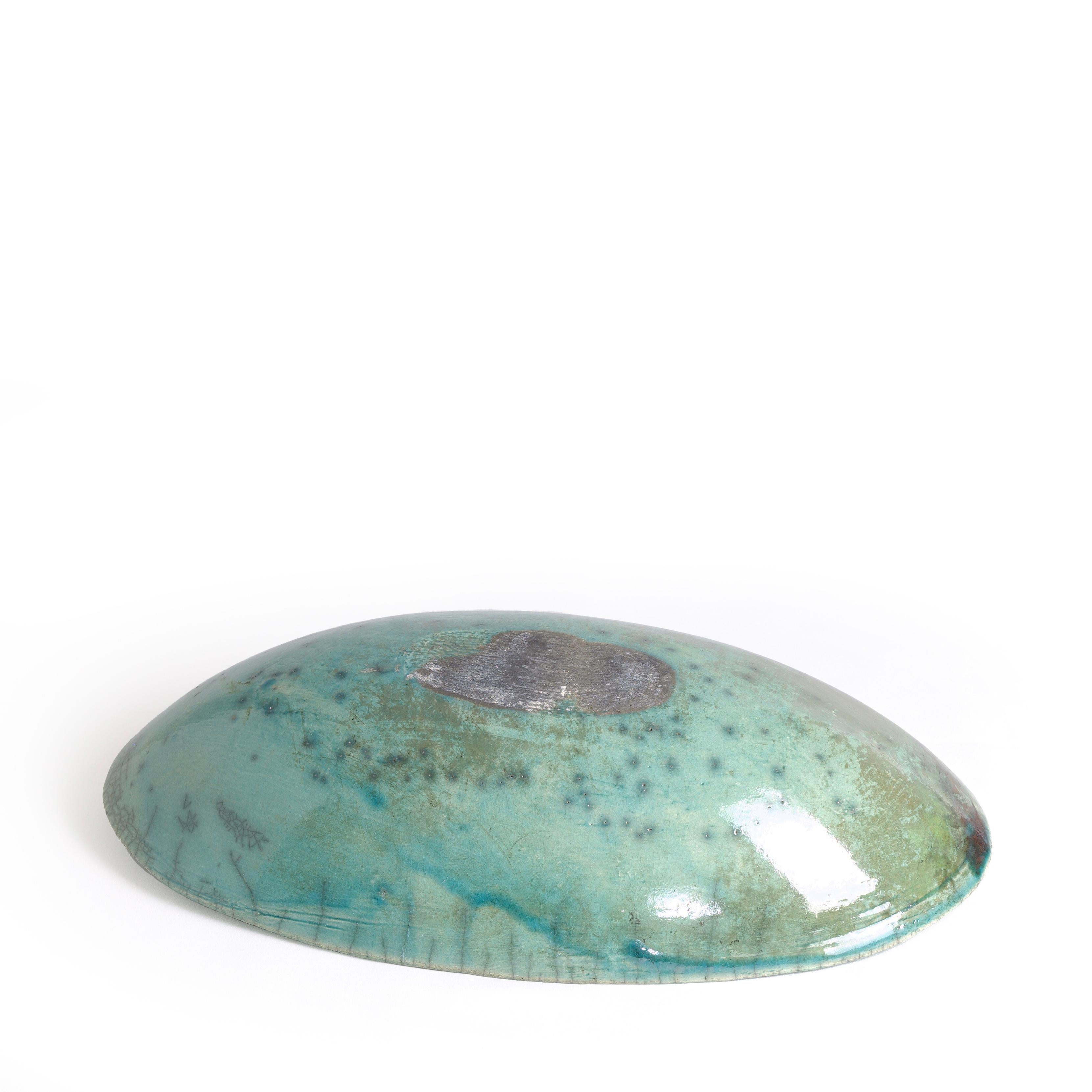 Japanese Modern Long Bowl Raku Ceramic Green Copper For Sale 1
