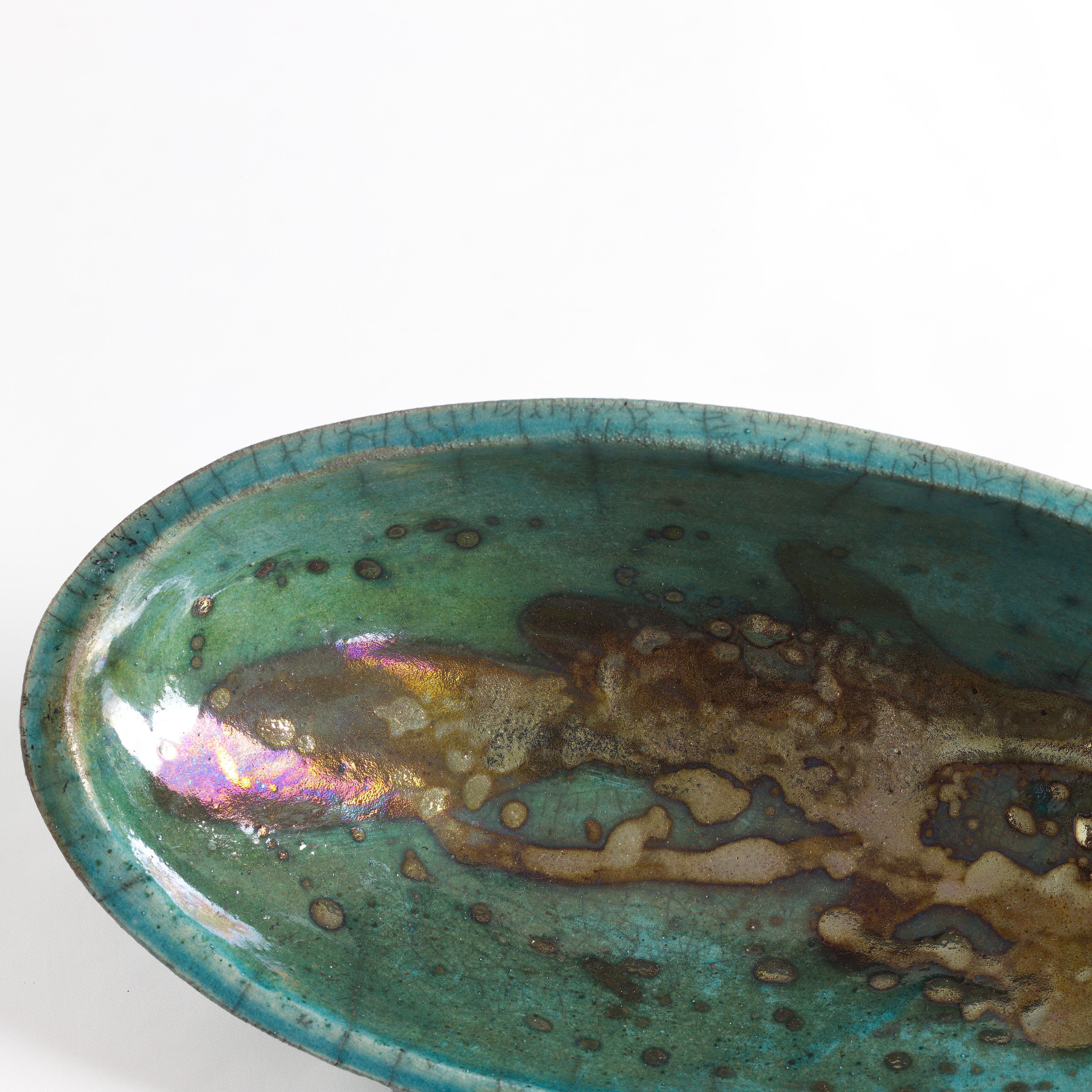Japanese Modern Long Bowl Raku Ceramic Green Copper For Sale 2