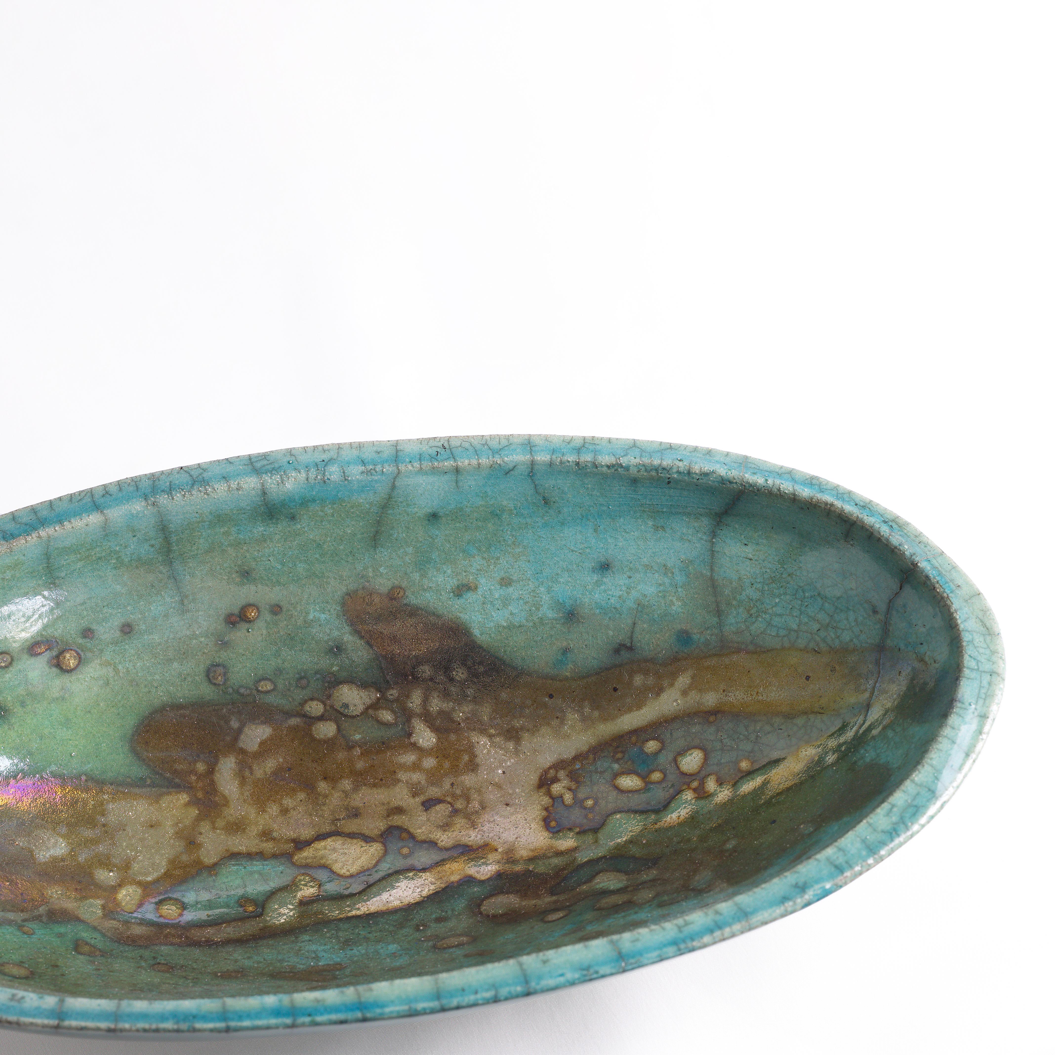 Japanese Modern Long Bowl Raku Ceramic Green Copper For Sale 3