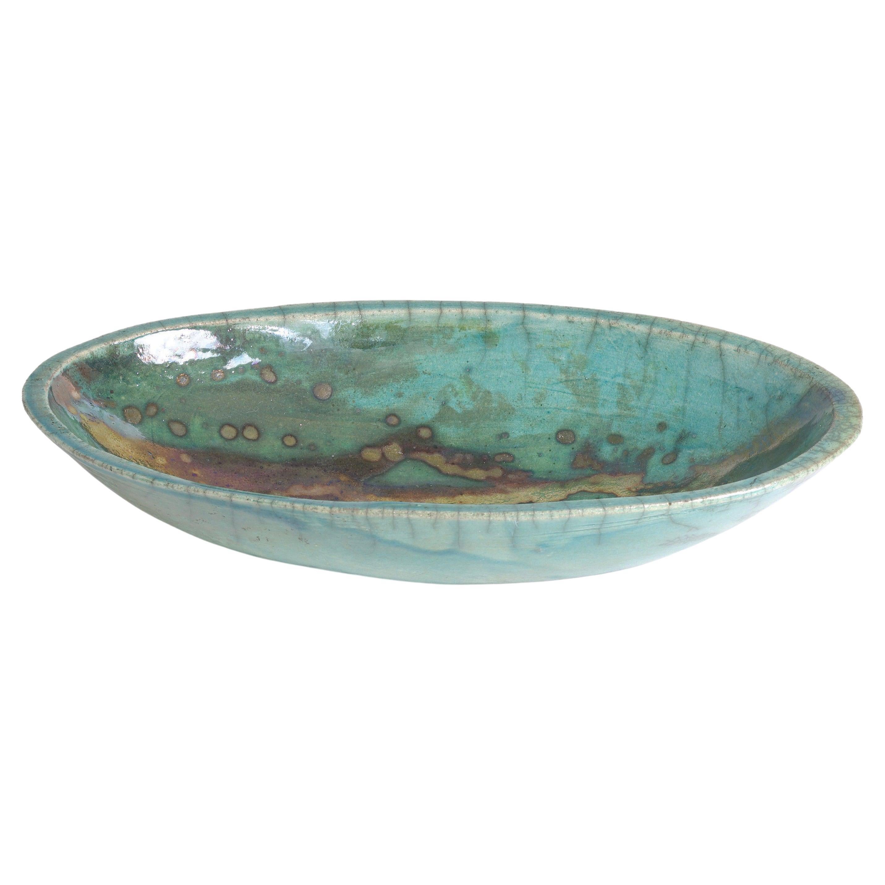 Japanese Modern Long Bowl Raku Ceramic Green Copper For Sale