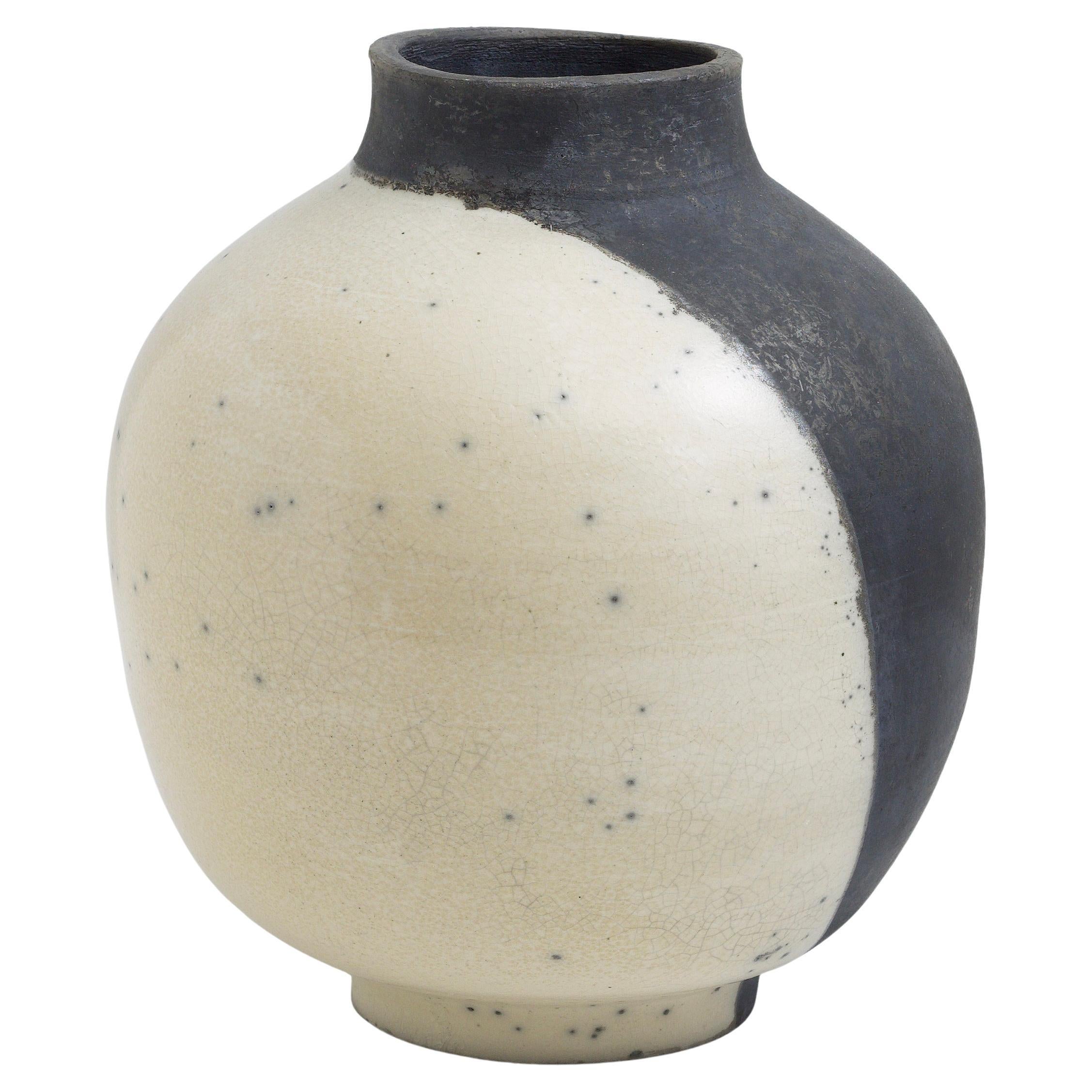 Japanese Modern Minimalist LAAB Shadow Sculpture Raku Ceramic White Black Vase For Sale