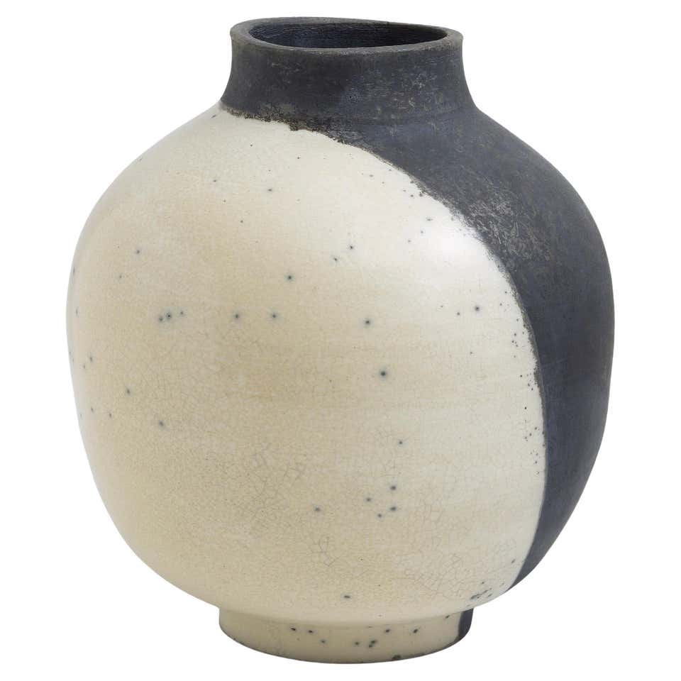 Raku Vase mid-century modern white and black ceramic For Sale at 1stDibs