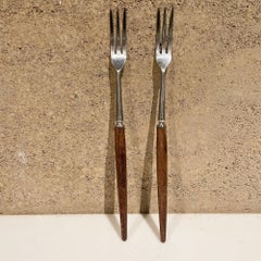 Japanese Modern Pair Cocktail Fondue Forks Sculpted Stainless Steel & Rosewood