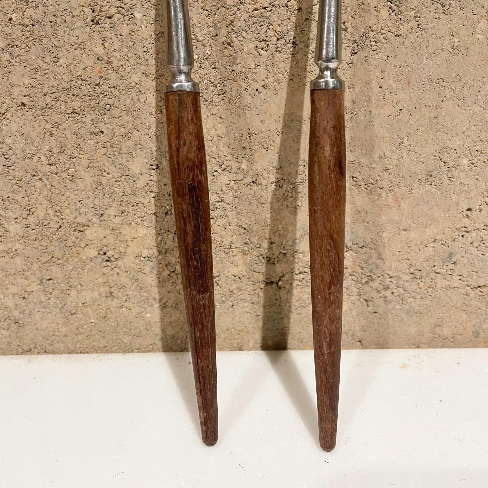 Mid-Century Modern Japanese Modern Pair Cocktail Fondue Forks Sculpted Stainless Steel & Rosewood For Sale
