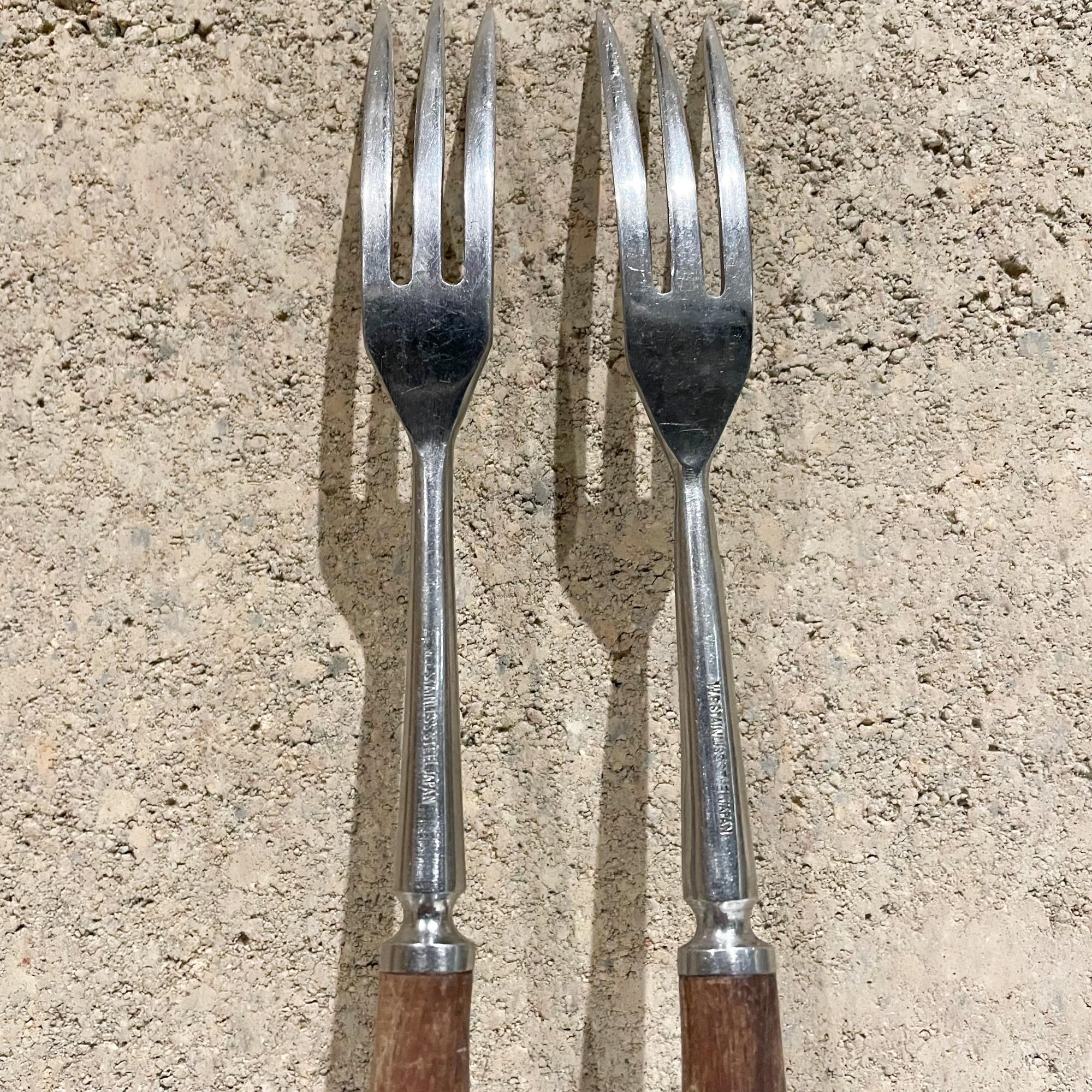 Mid-20th Century Japanese Modern Pair Cocktail Fondue Forks Sculpted Stainless Steel & Rosewood For Sale