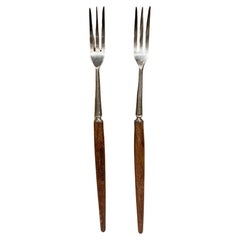 Japanese Modern Pair Cocktail Fondue Forks Sculpted Stainless Steel & Rosewood