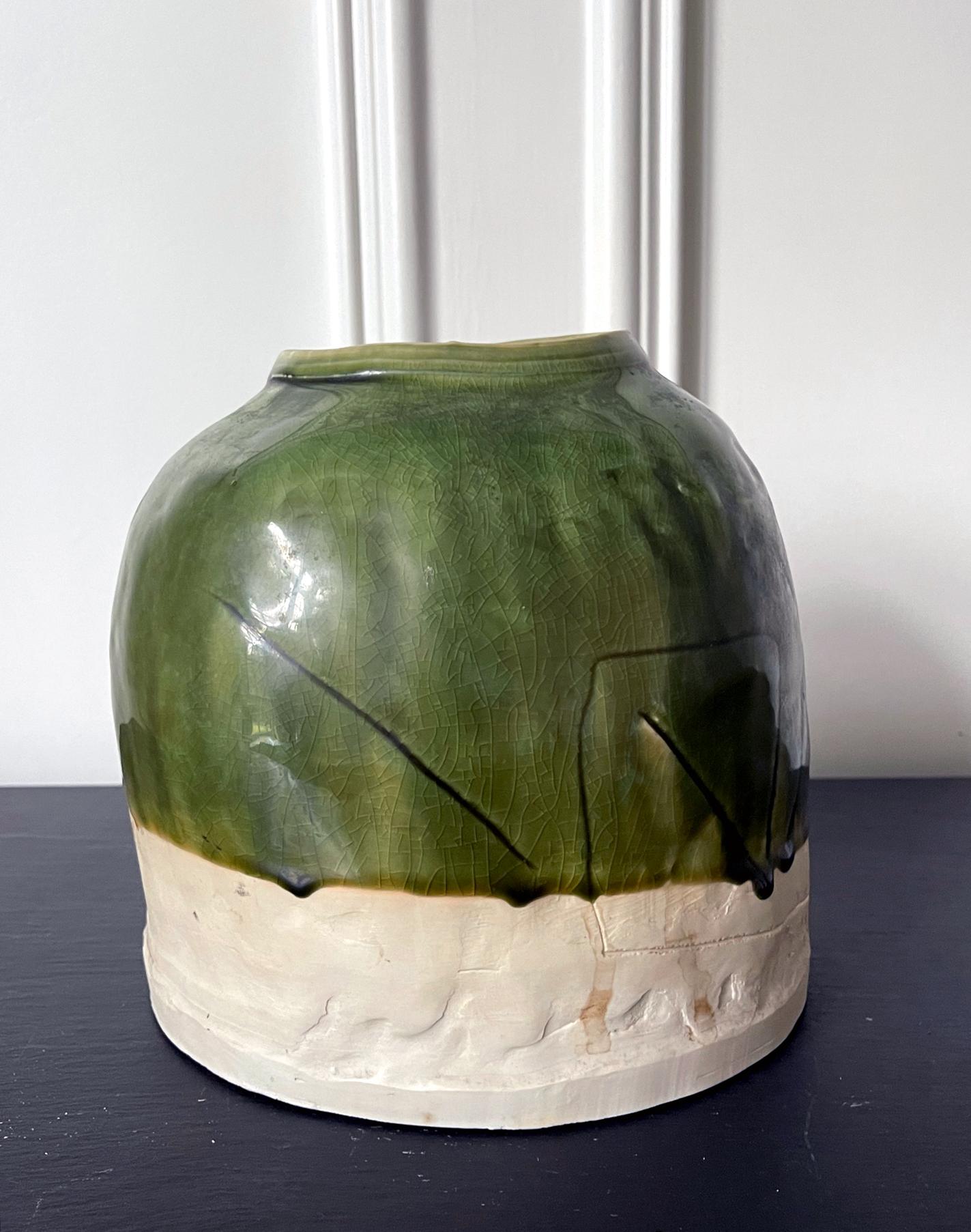Japanese Modern Studio Ceramic Oribe Jar by Ryoji Koie For Sale 1