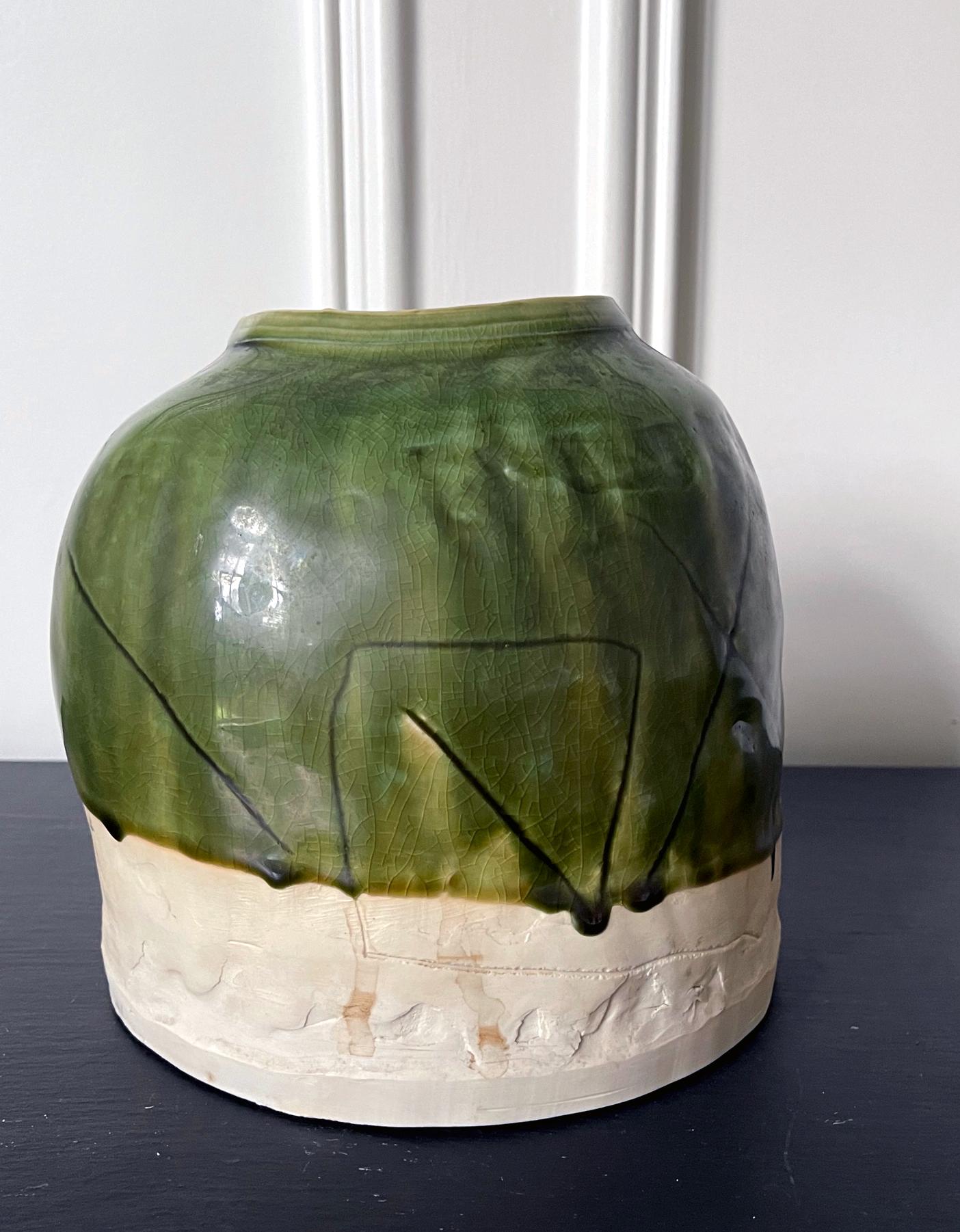 Japanese Modern Studio Ceramic Oribe Jar by Ryoji Koie For Sale 3