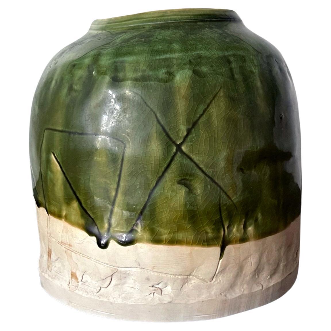 Japanese Modern Studio Ceramic Oribe Jar by Ryoji Koie For Sale