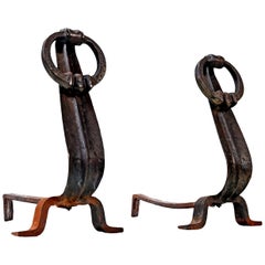 Japanese Modernist Cast Iron Suspended Ring Andirons