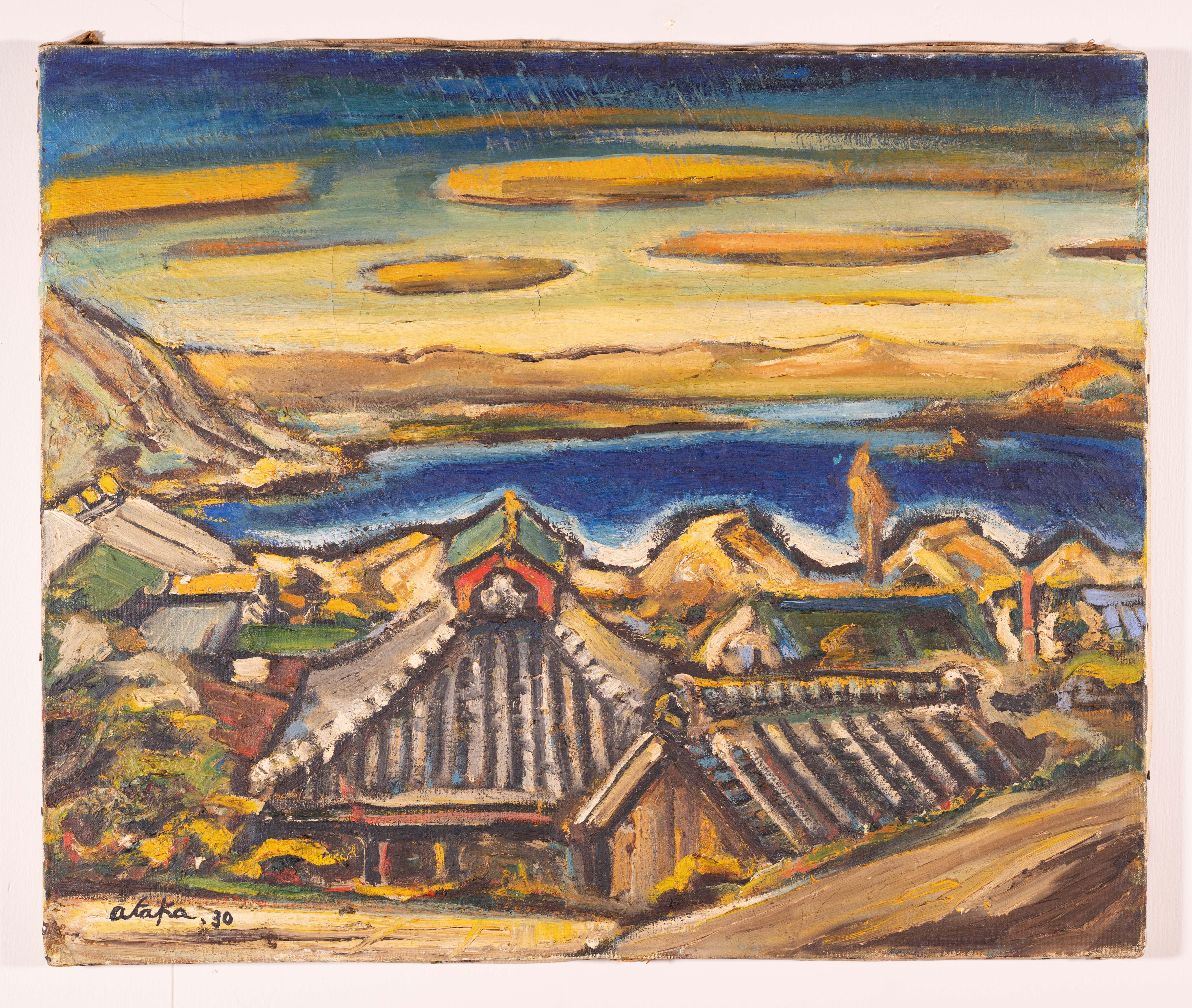 Une peinture à l'huile moderne d'une ville portuaire avec une vue sur l'eau et les montagnes au loin.
Il est signé dans le coin inférieur gauche par Ataka et daté '30 (1930).
Le travail au pinceau est audacieux et confiant. Ataka a voyagé en